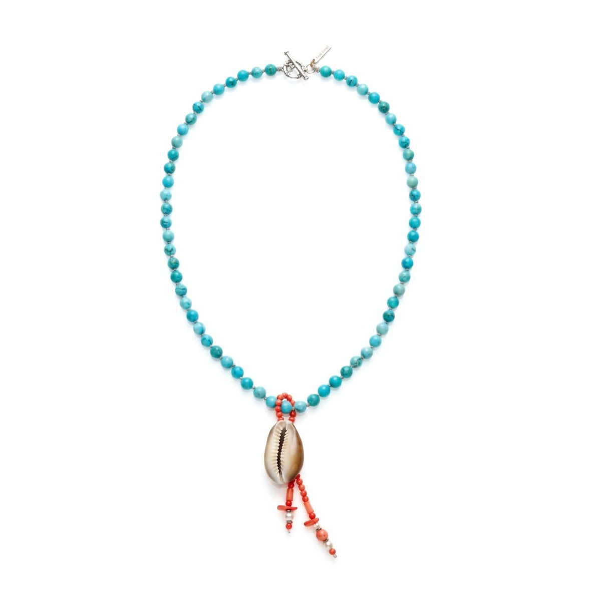 High-resolution studio product shot of the JAREDJAMIN Bimini Necklace displayed on a white background, highlighting the hand-knotted turquoise beads, sterling silver toggle clasp, and the removable cowrie shell, coral, and pearl pendant.