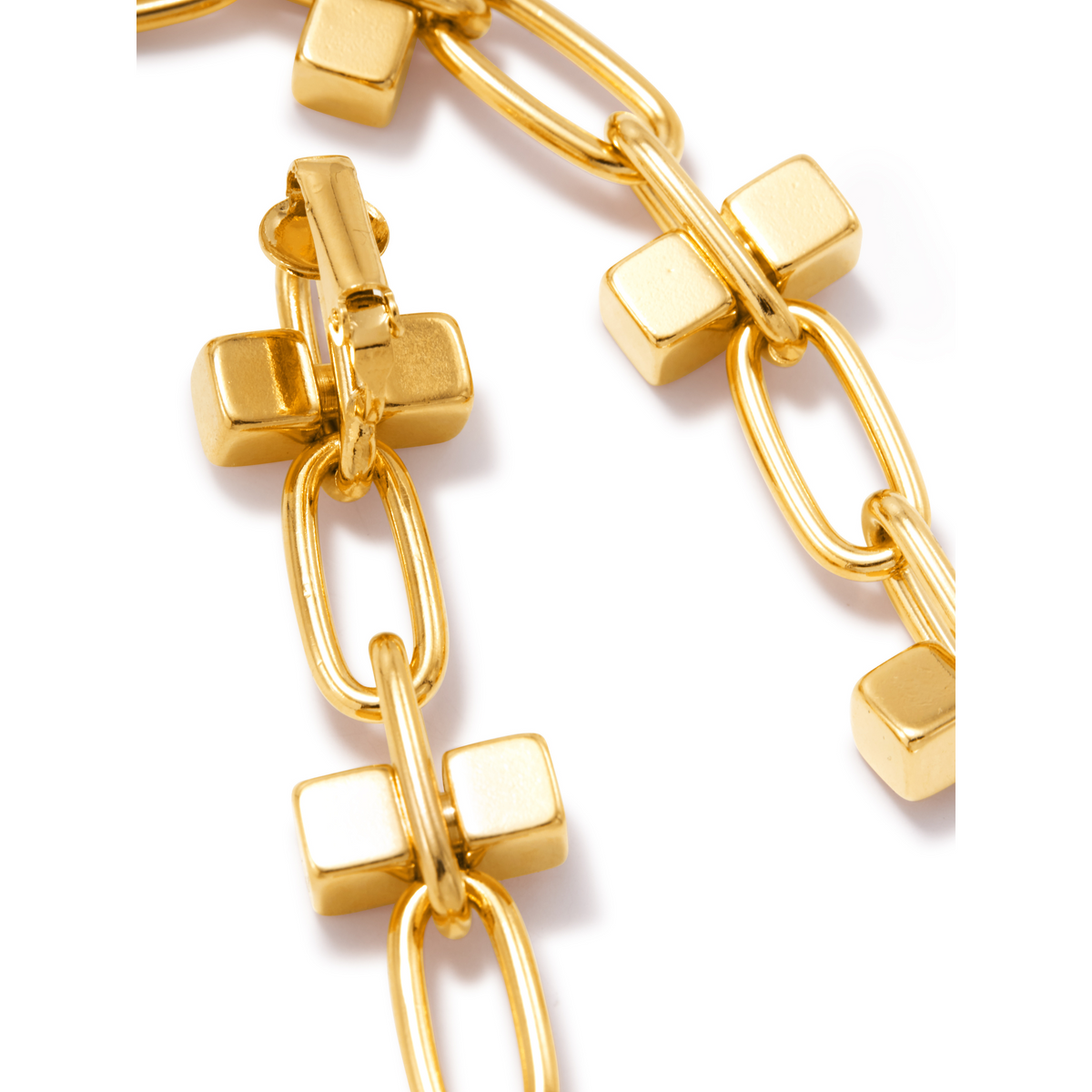 Close-up of JAREDJAMIN Jewelry Online’s Gold Blockbuster 3 Block Earrings in 18K Gold Plating, featuring bold geometric rectangles and a polished finish, shown against a white background.