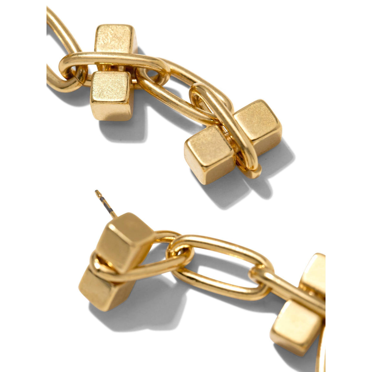 Close-up of the Gold Blockbuster 4 Block Earrings by JAREDJAMIN Jewelry Online. The 18K gold plated earrings feature geometric rectangular and oval shapes in a modern design, shown against a white background.