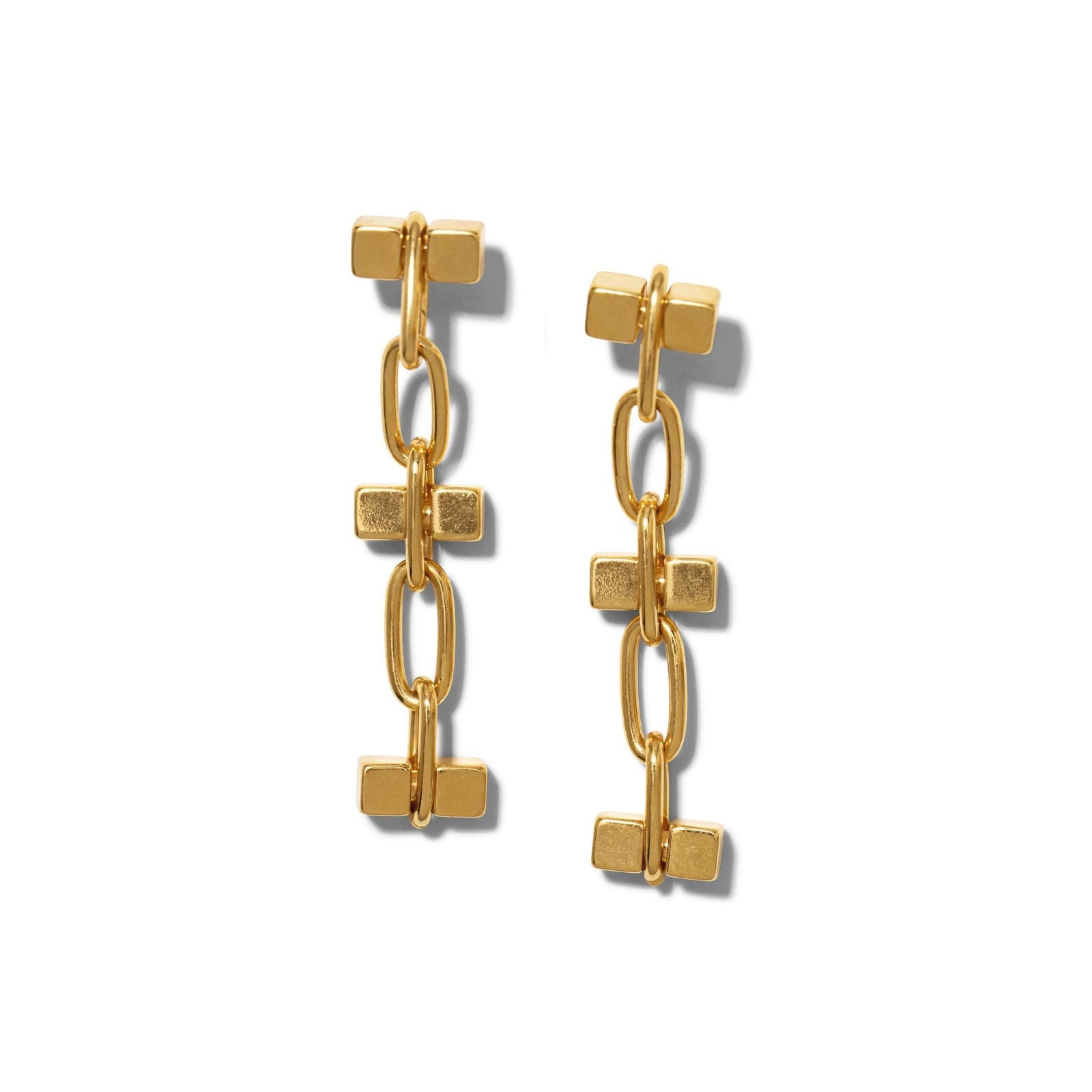 The Gold Blockbuster 3 Block Earrings by JAREDJAMIN Jewelry Online are 18K gold plated dangle earrings with three rectangular bars linked by oval chains for a modern geometric look, shown on a white background with a subtle shadow.