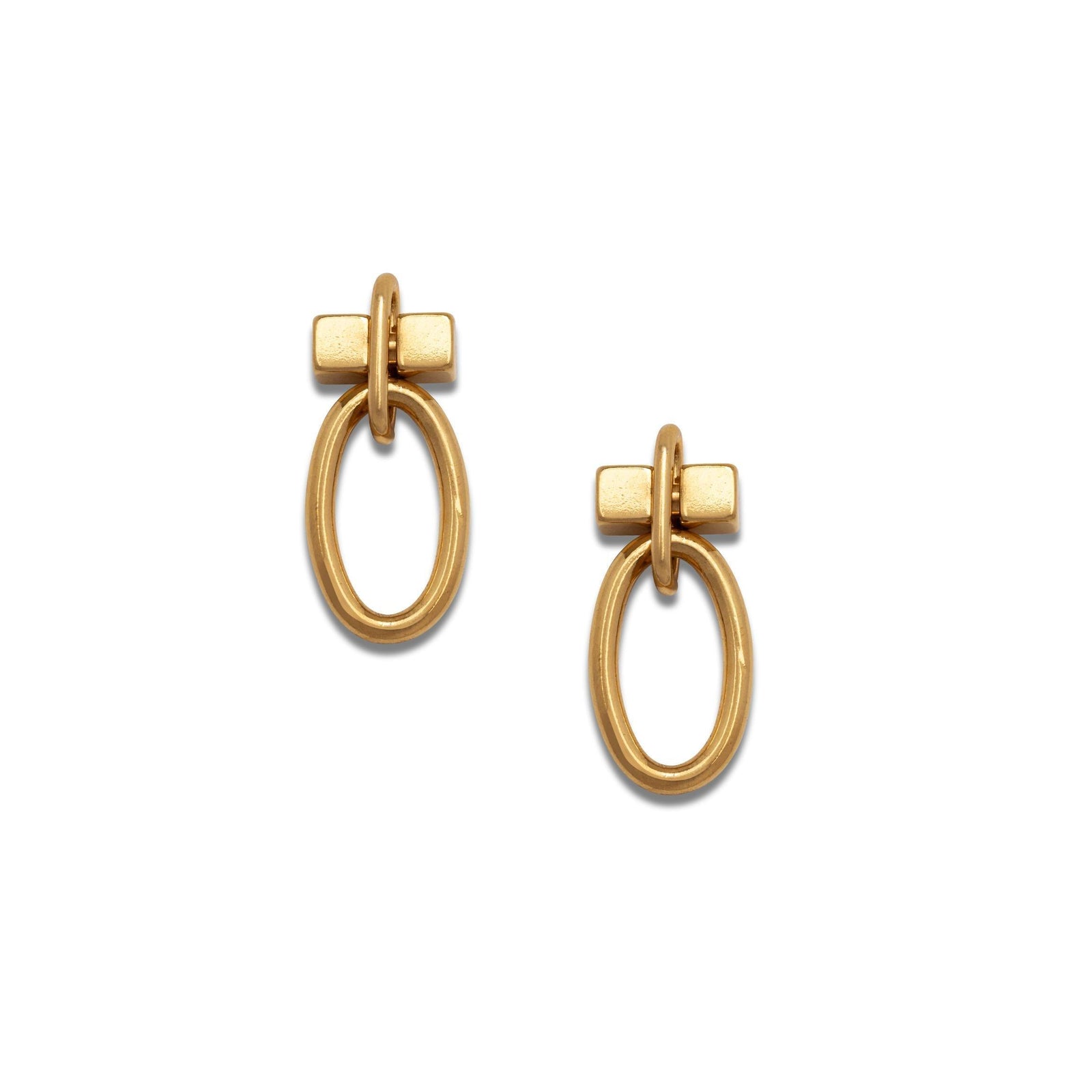 From the Gold Reign Earring Charms by JAREDJAMIN Jewelry Online, these gold-toned earrings feature a small rectangular bar above an oval loop, showcasing a minimalist modern design on a white background.