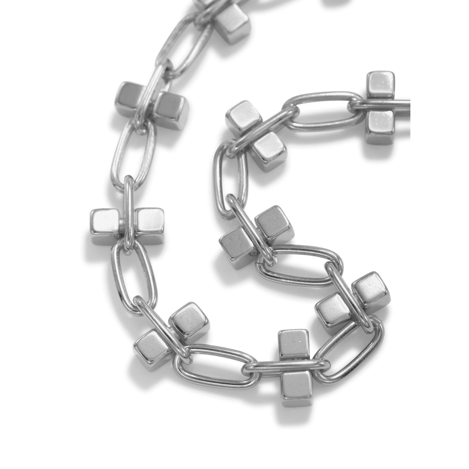 The Blockbuster Silver Chain Collier Necklace by JAREDJAMIN Jewelry Online features rectangular links and cross accents in Silvery White Bronze, finished with a simple clasp and extender chain, shown on a plain white background.