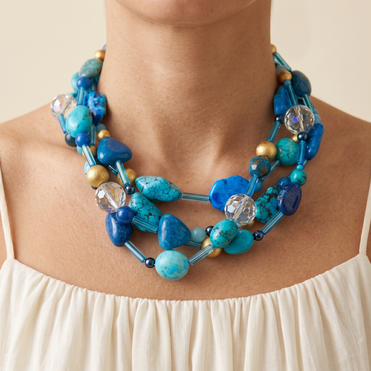 Front portrait of a model wearing a white top and the Blue Reef Necklace, demonstrating the chunky, layered multi-strand collar drape and vibrant oceanic tones against the skin.