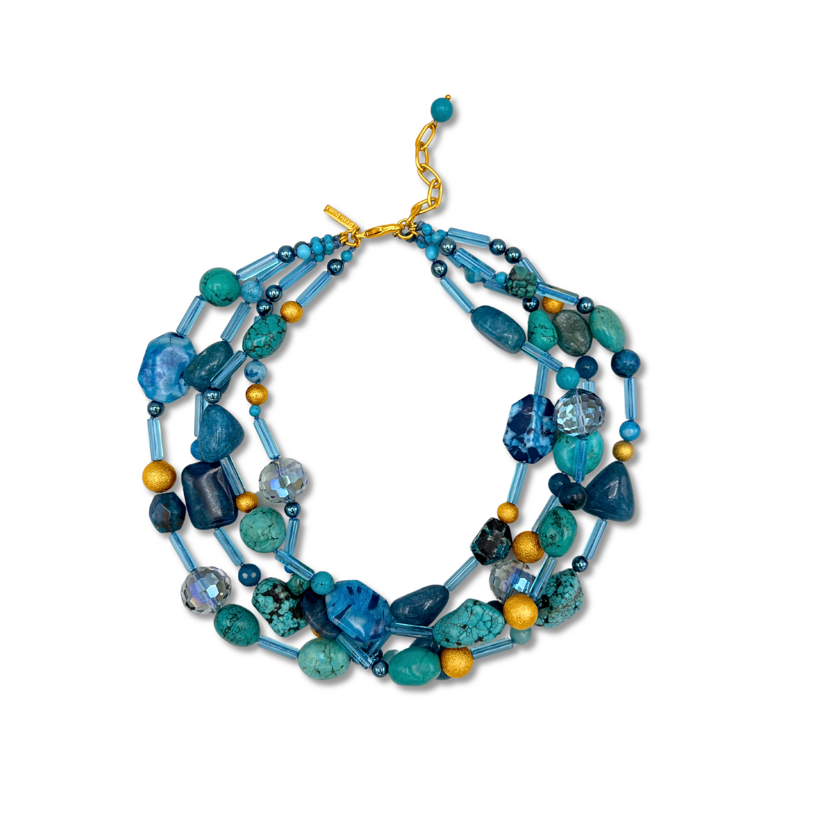 The Blue Reef Necklace by JAREDJAMIN Jewelry Online is a chunky, multi-strand piece with hand-knotted blue, turquoise, teal, gold—including 18K Stardust—and clear beads, finished with a gold lobster clasp and adjustable chain.
