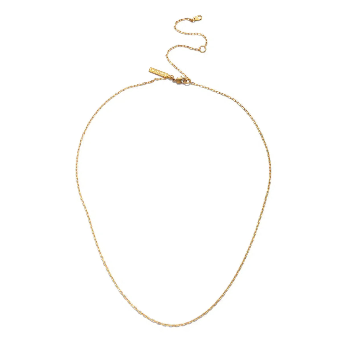 The Lindy Circles Pendant Chain Necklace by JAREDJAMIN Jewelry Online features a fine, twisted 18k gold-plated chain, adjustable lobster clasp, extender chain, and a rectangular gold-tone tag, displayed on a plain white background.