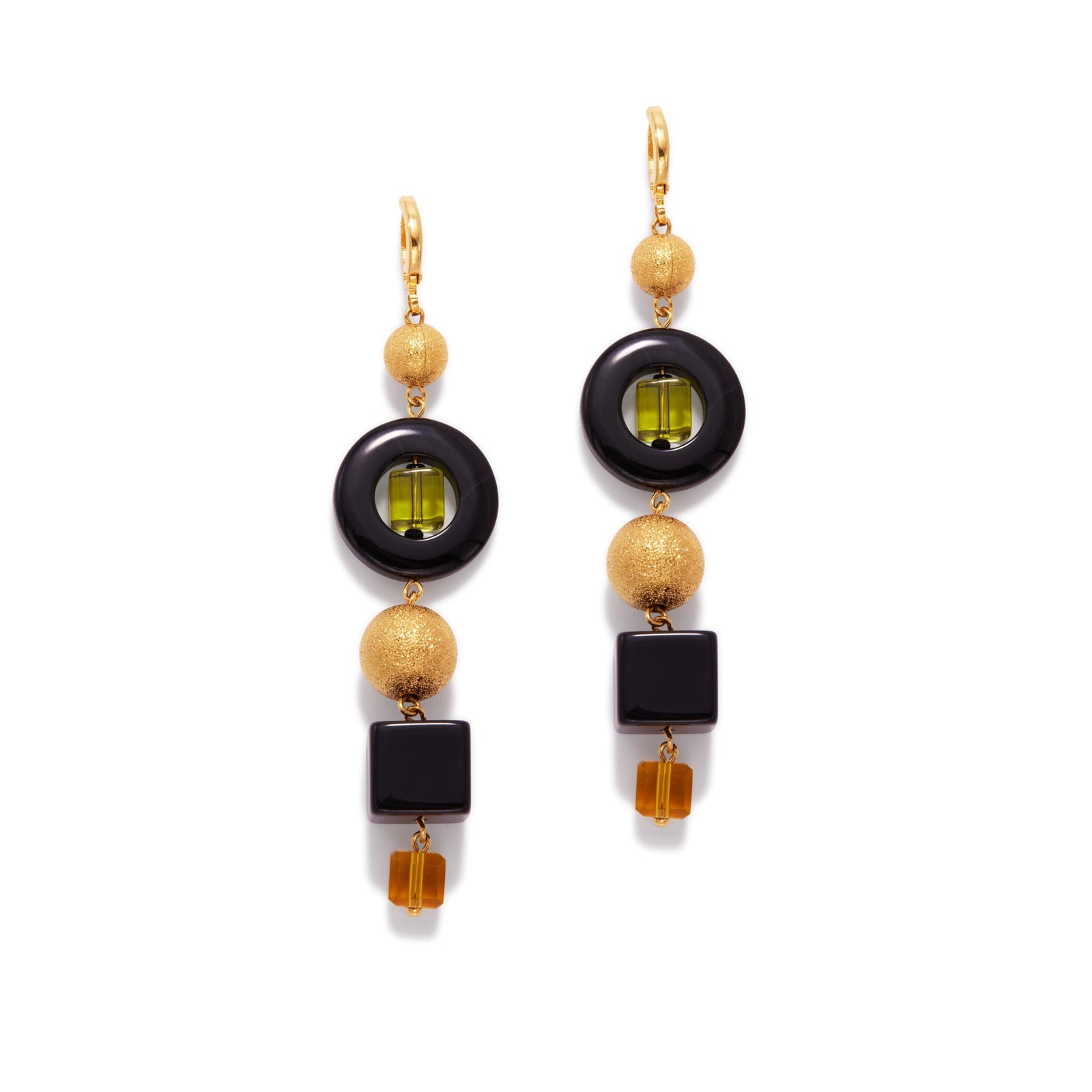 The Cubism Leverback Drop Earrings by JAREDJAMIN Jewelry Online feature geometric glass beads—gold textured spheres, black circles with green centers, gold rounds, and amber rectangles—suspended from 18K gold-plated leverbacks.