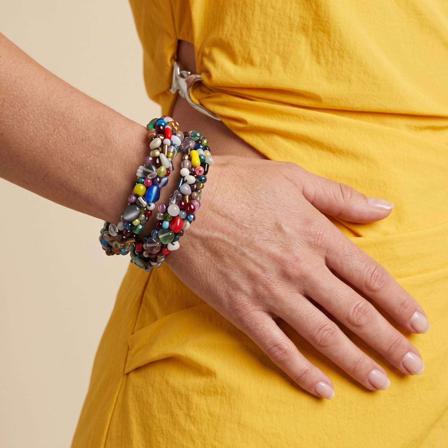 High-resolution studio product shot of the JAREDJAMIN Candy Encrusted Bangle Set stacked together on a white background, highlighting the dark ribbon-wrapped bases covered in a dense array of colorful rescued crystals and vintage Lucite beads.
