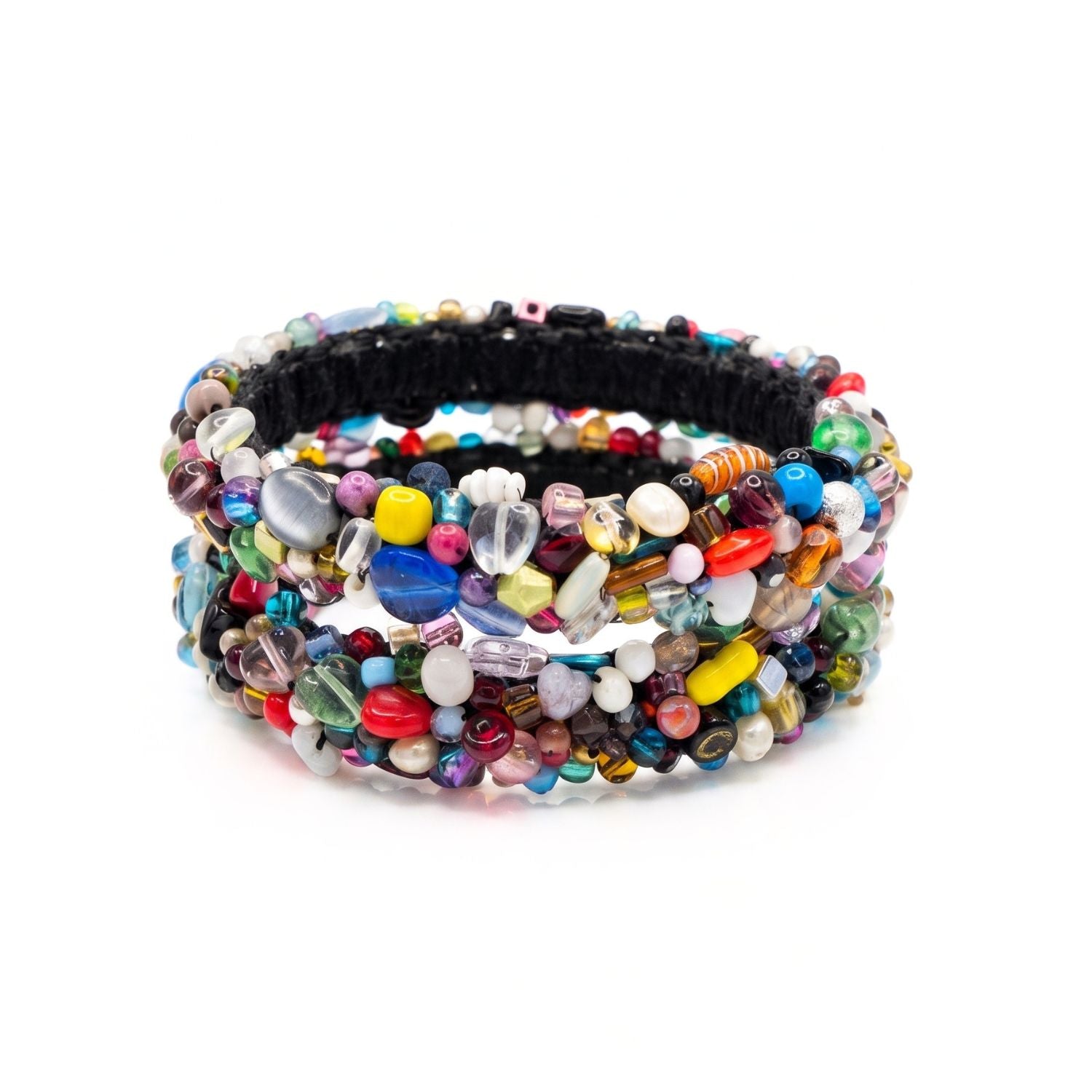 High-resolution studio product shot of the JAREDJAMIN Candy Encrusted Bangle Set stacked together on a white background, highlighting the dark ribbon-wrapped bases covered in a dense array of colorful rescued crystals and vintage Lucite beads.