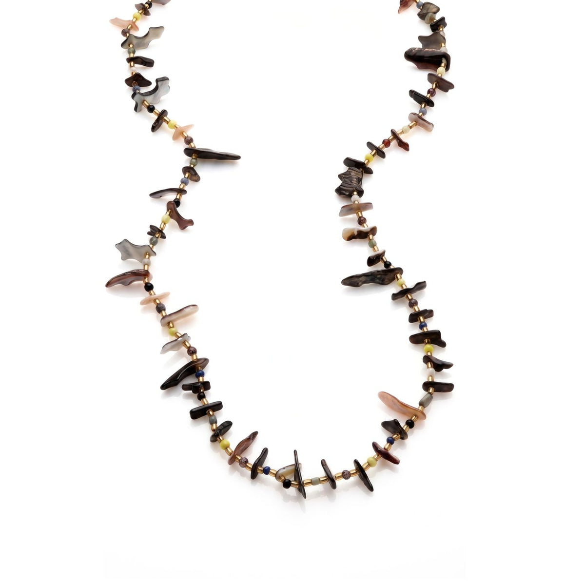 Long Caracola shell shard necklace with brown and gray shell pieces, small gold, blue and yellow beads, on white background