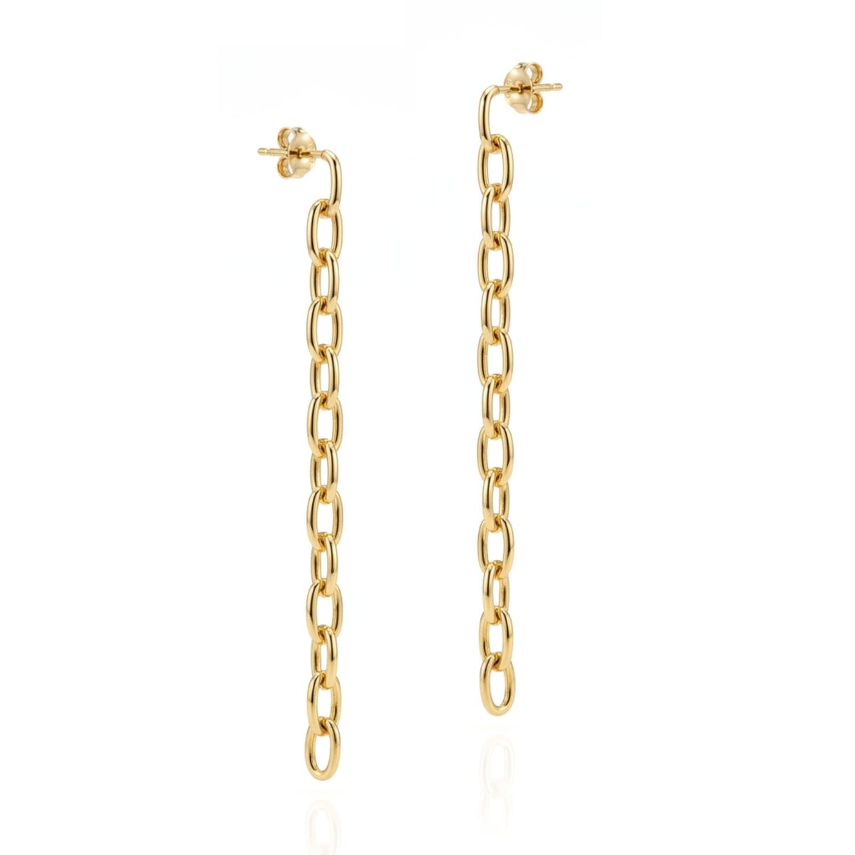 High-resolution studio product shot of the JAREDJAMIN Chain Reaction Dangle Earrings against a white backdrop, highlighting the 18k gold-plated sterling post backings and the continuous, linear cascade of highly polished elongated oval chain links.