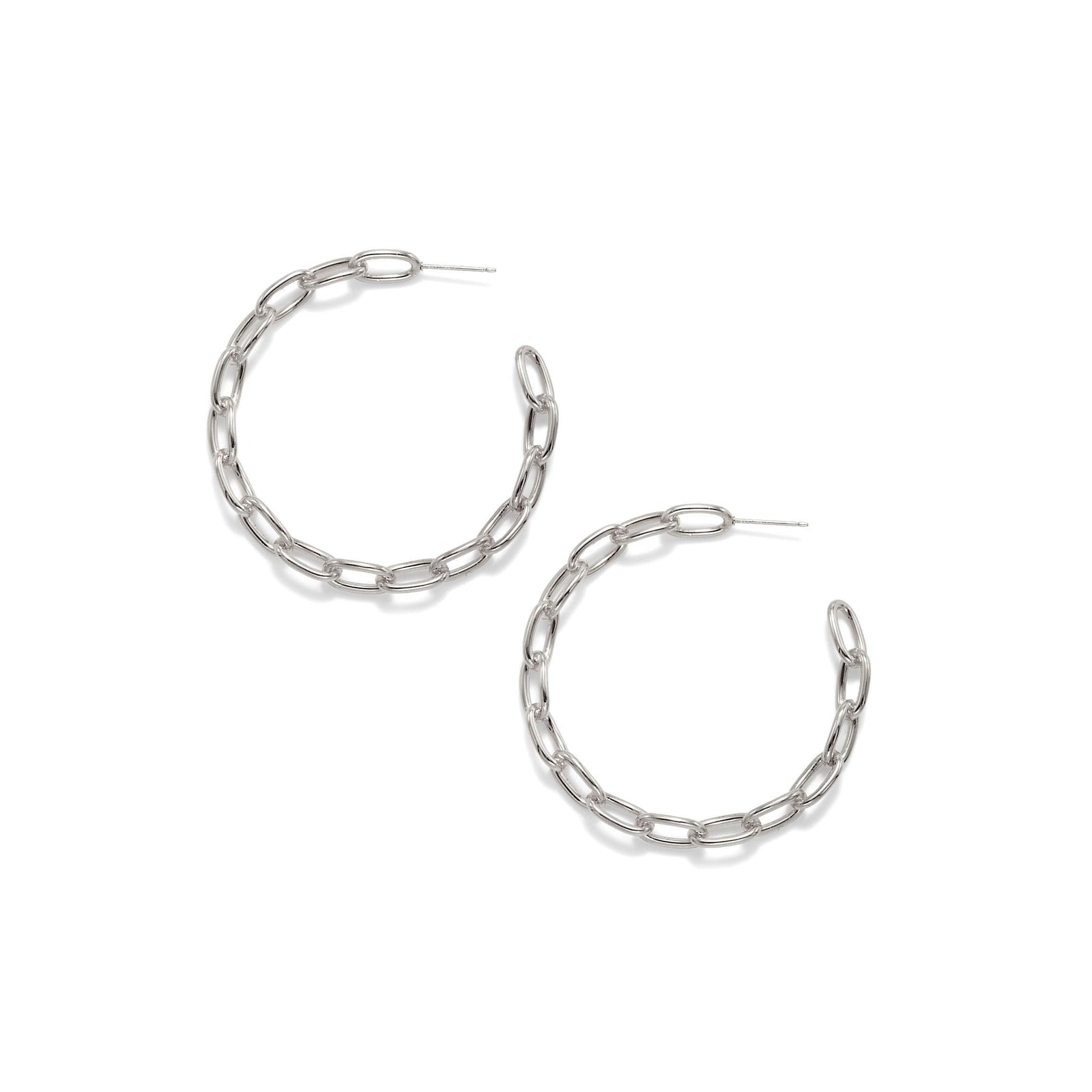A pair of JAREDJAMIN Jewelry Online Silver Chain Reaction Hoop Post Earrings, featuring silver-plated elongated chain links, is arranged on a white background with earring posts facing outward.