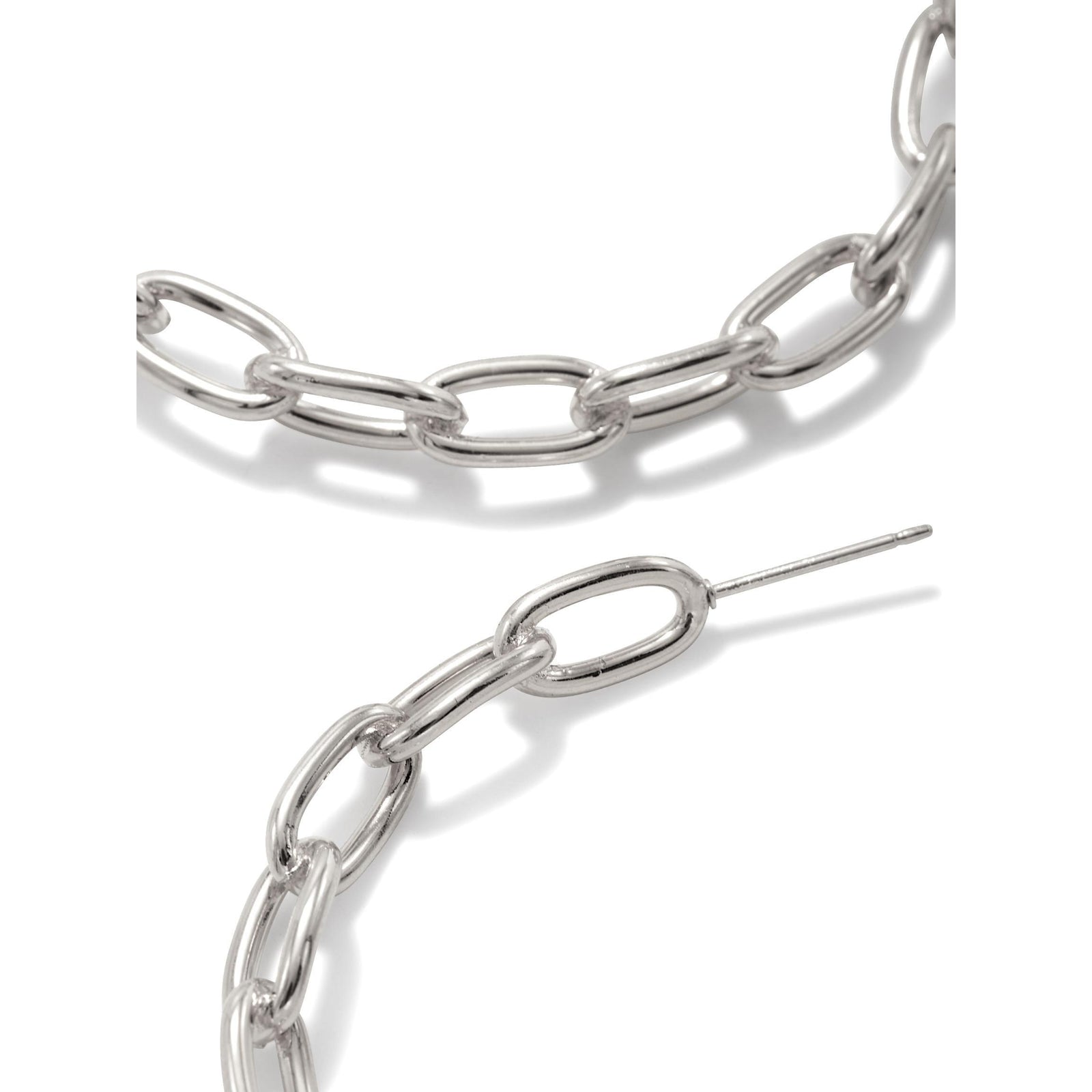 A pair of JAREDJAMIN Jewelry Online Silver Chain Reaction Hoop Post Earrings, featuring silver-plated elongated chain links, is arranged on a white background with earring posts facing outward.