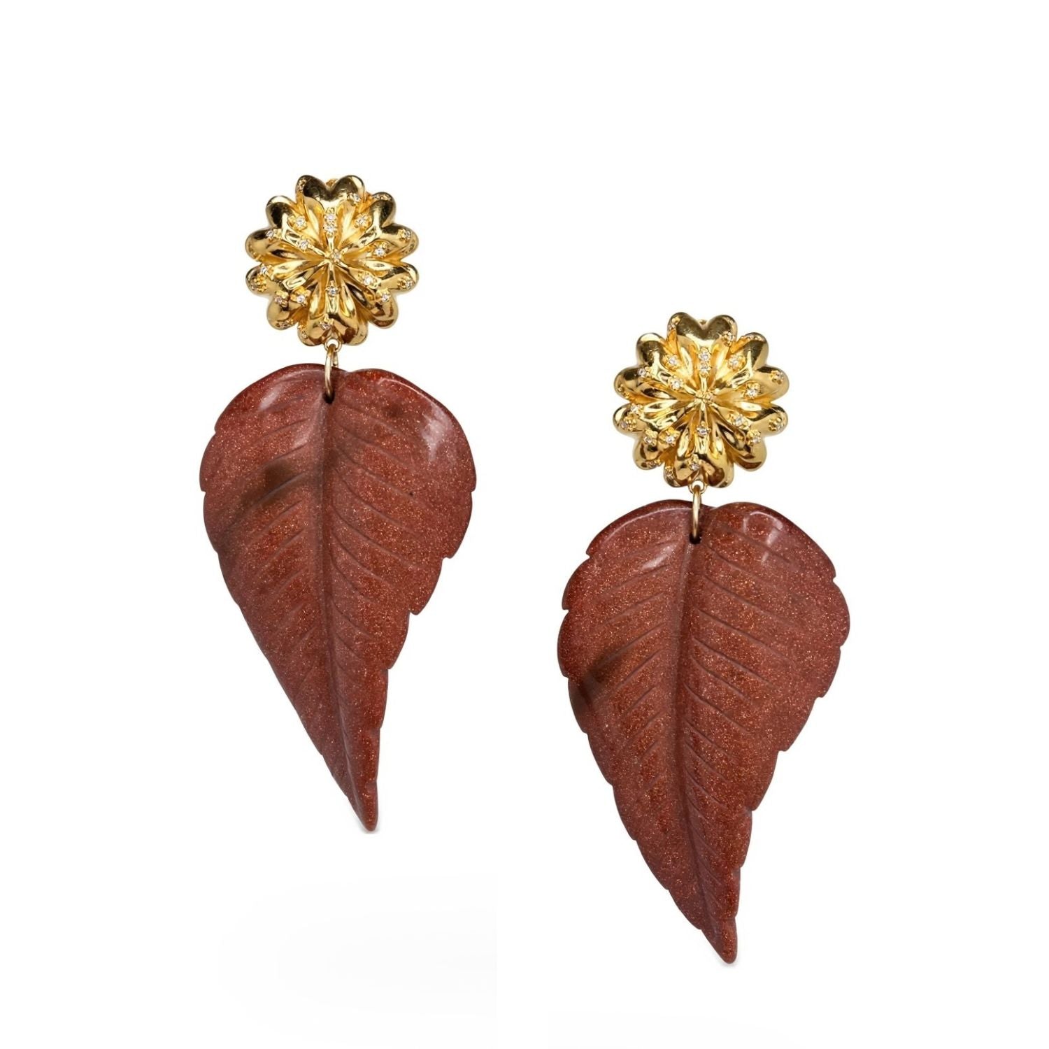 Chrysanthemum Clip-on Earrings in Sandstone by JAREDJAMIN: gold-plated floral studs with brown, leaf-shaped dangles and vein details. Brushed finish, artisanal small-batch West Hollywood, sustainable luxury, signature JAREDJAMIN Essential.