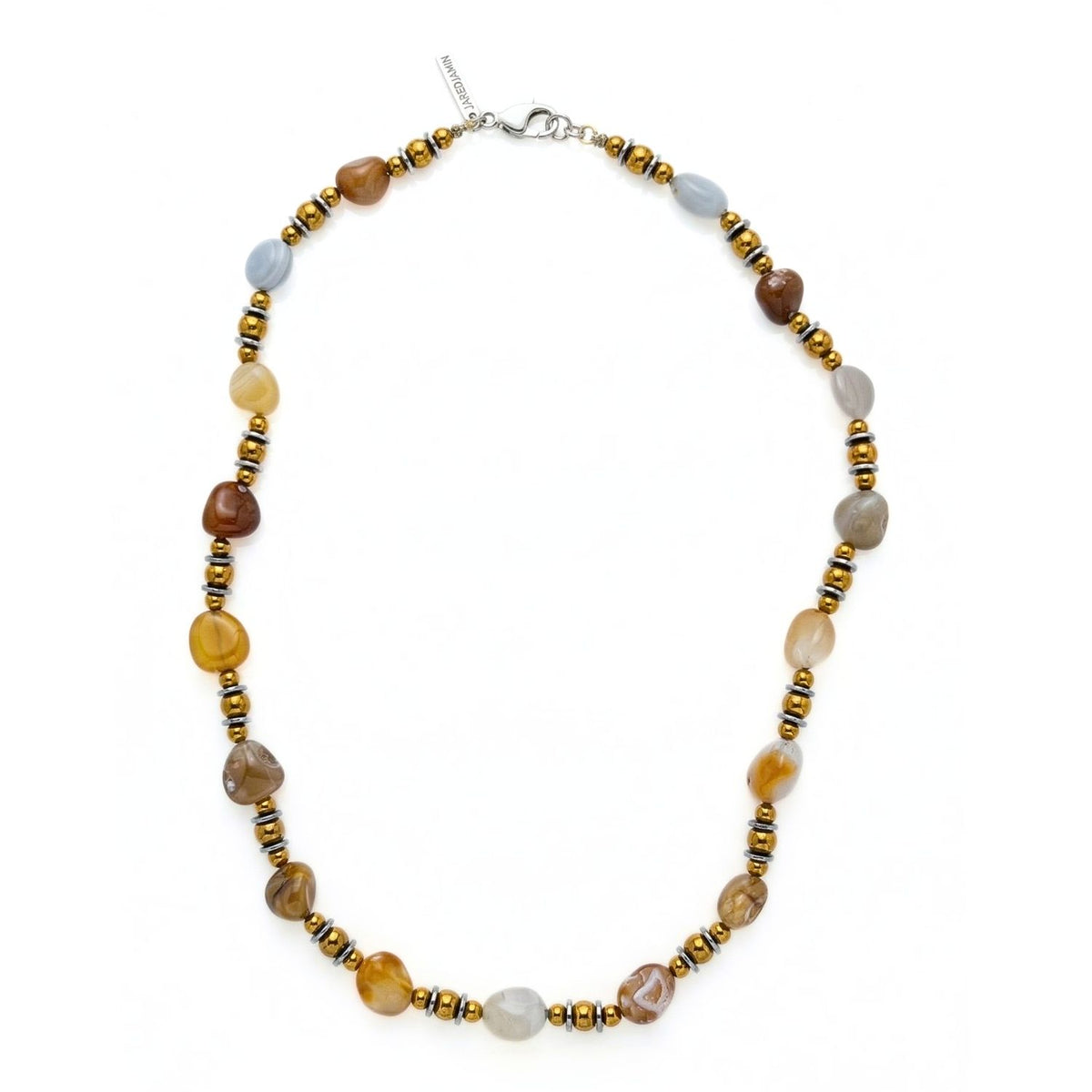 Hand-assembled in our West Hollywood studio, the Clayton Agate Necklace juxtaposes polished brown, yellow, tan, and light blue agates with gold and black hematite. Small-batch. Eco-conscious. Style Note: punctuates crisp shirts or layered silk after dusk.