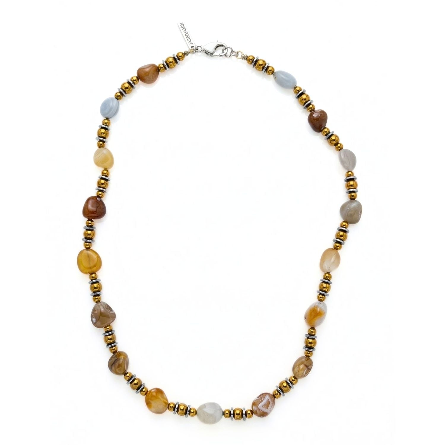 Hand-assembled in our West Hollywood studio, the Clayton Agate Necklace juxtaposes polished brown, yellow, tan, and light blue agates with gold and black hematite. Small-batch. Eco-conscious. Style Note: punctuates crisp shirts or layered silk after dusk.