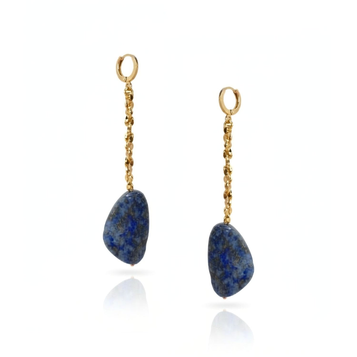 High-resolution studio product shot of the JAREDJAMIN Cleo Lapis Lazuli Chain Drop Earrings displayed front-facing on a white surface, highlighting the deep blue natural lapis gemstones suspended from the textured 18k gold-plated chain and lever-back fastenings.
