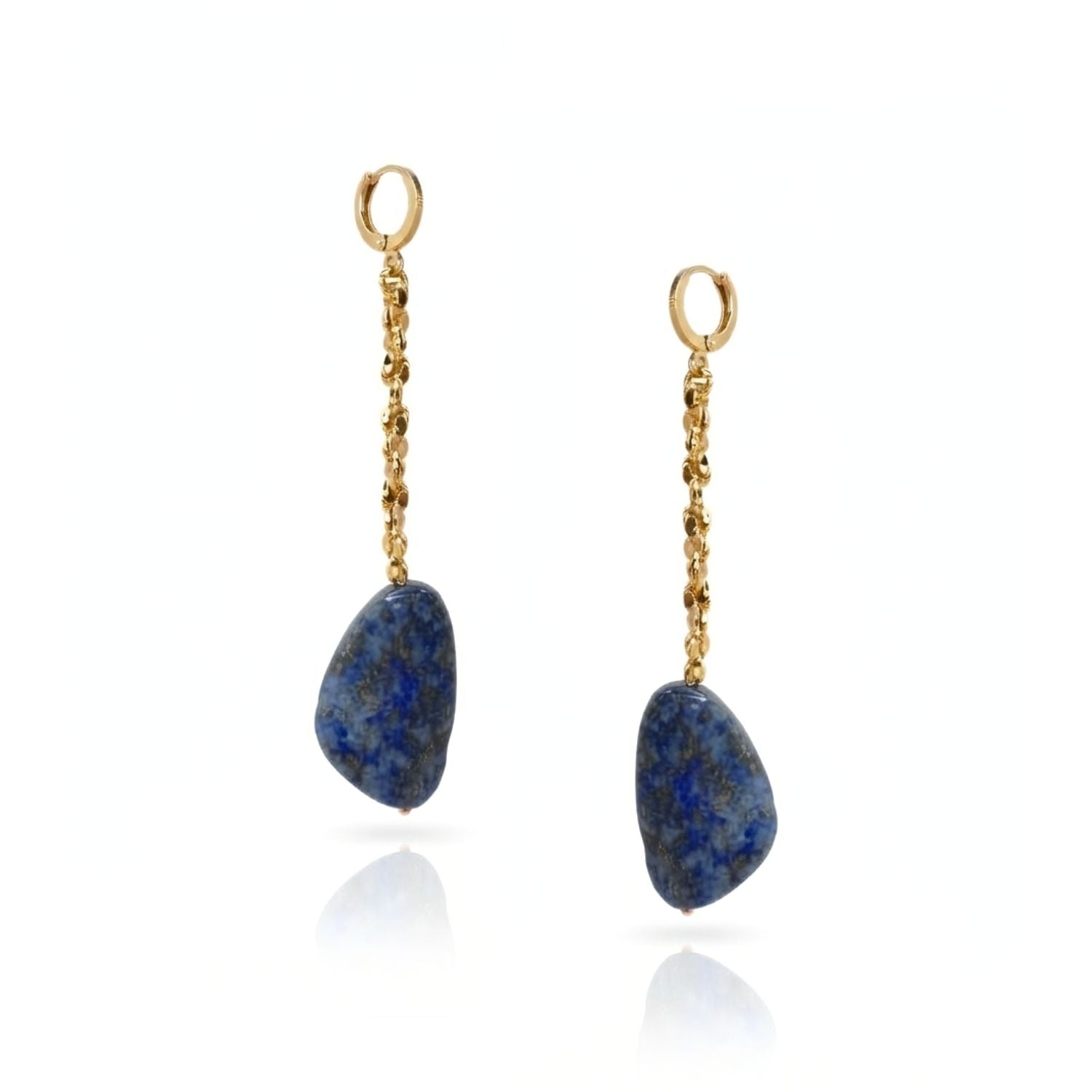 High-resolution studio product shot of the JAREDJAMIN Cleo Lapis Lazuli Chain Drop Earrings displayed front-facing on a white surface, highlighting the deep blue natural lapis gemstones suspended from the textured 18k gold-plated chain and lever-back fastenings.