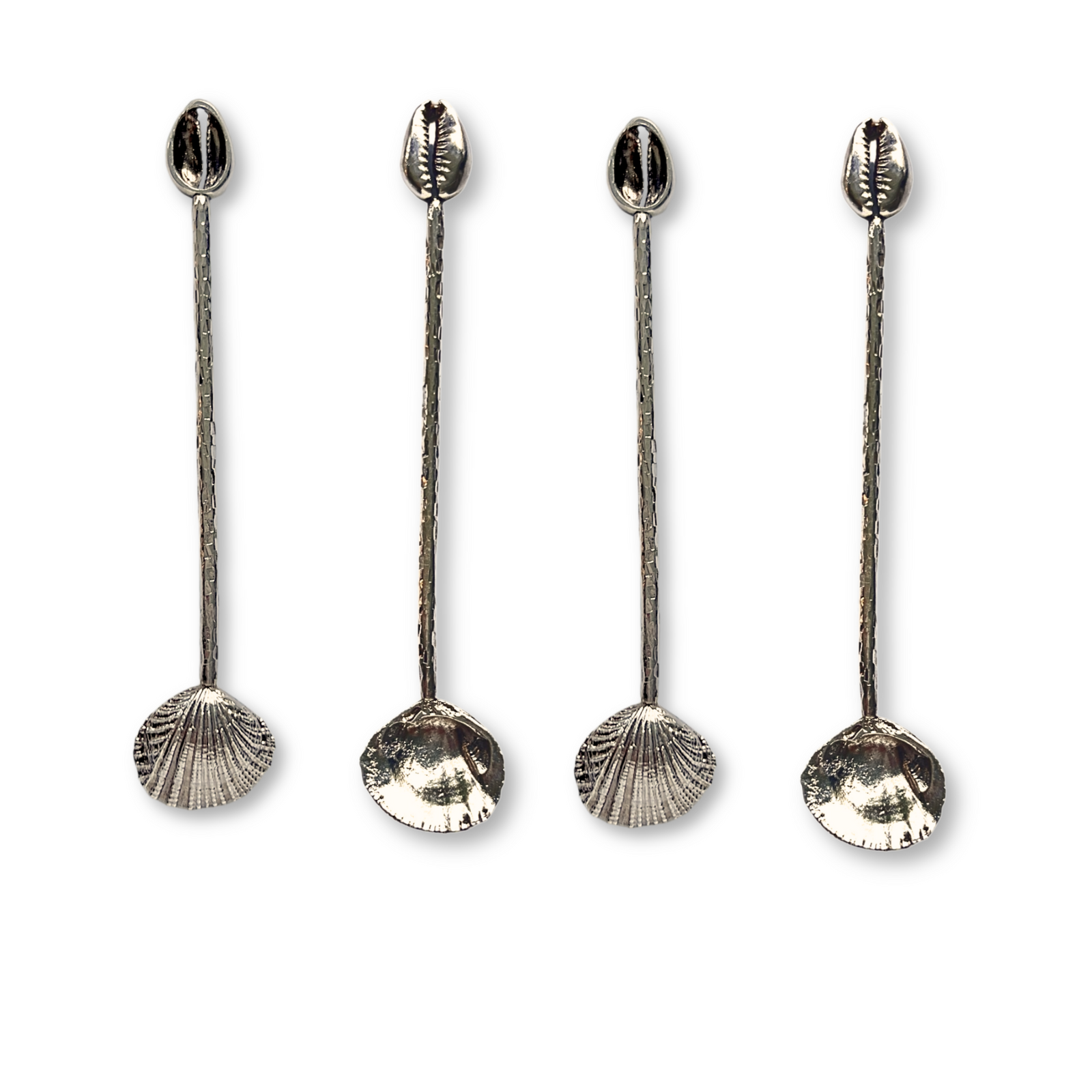 The Silver Cockle  Cowrie Condiment Spoons Set by JAREDJAMIN Barware and More showcases four silver-plated spoons with seashell bowls and cowrie shell handles, adding elegant coastal style to your table setting.