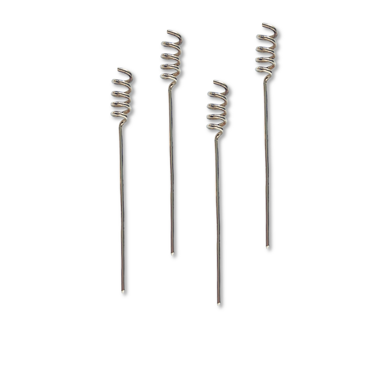 Four Silver Corkscrew Cocktail Skewers from JAREDJAMIN Barware and More are elegantly aligned vertically against a white background. These decorative picks add style and functionality to any gathering, making them essential party supplies.