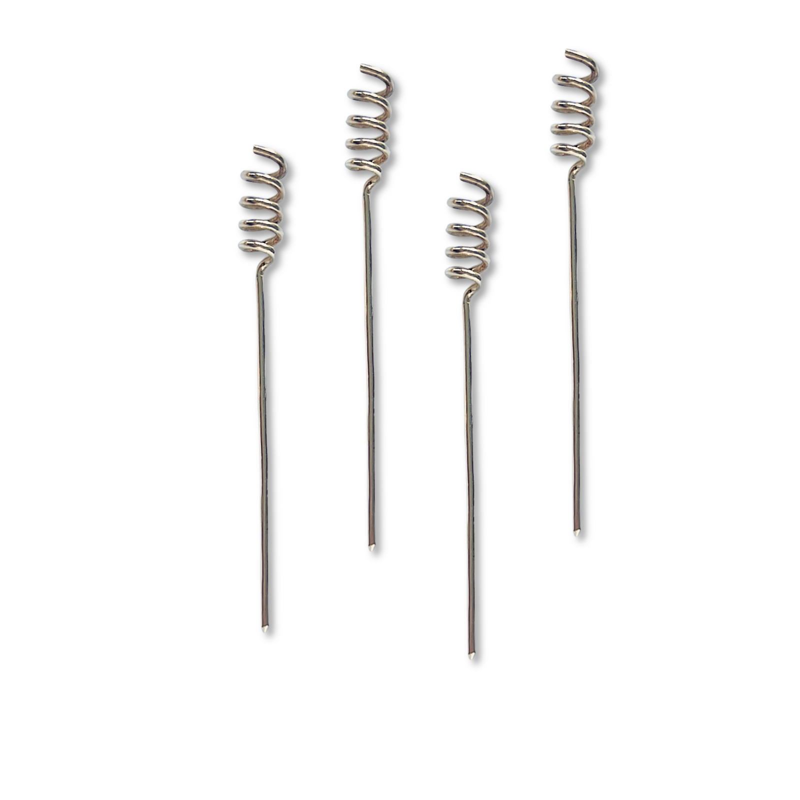 Four Silver Corkscrew Cocktail Skewers from JAREDJAMIN Barware and More are arranged upright on a white background, each featuring a straight base and coiled top, casting subtle shadows as they stand evenly spaced and parallel.
