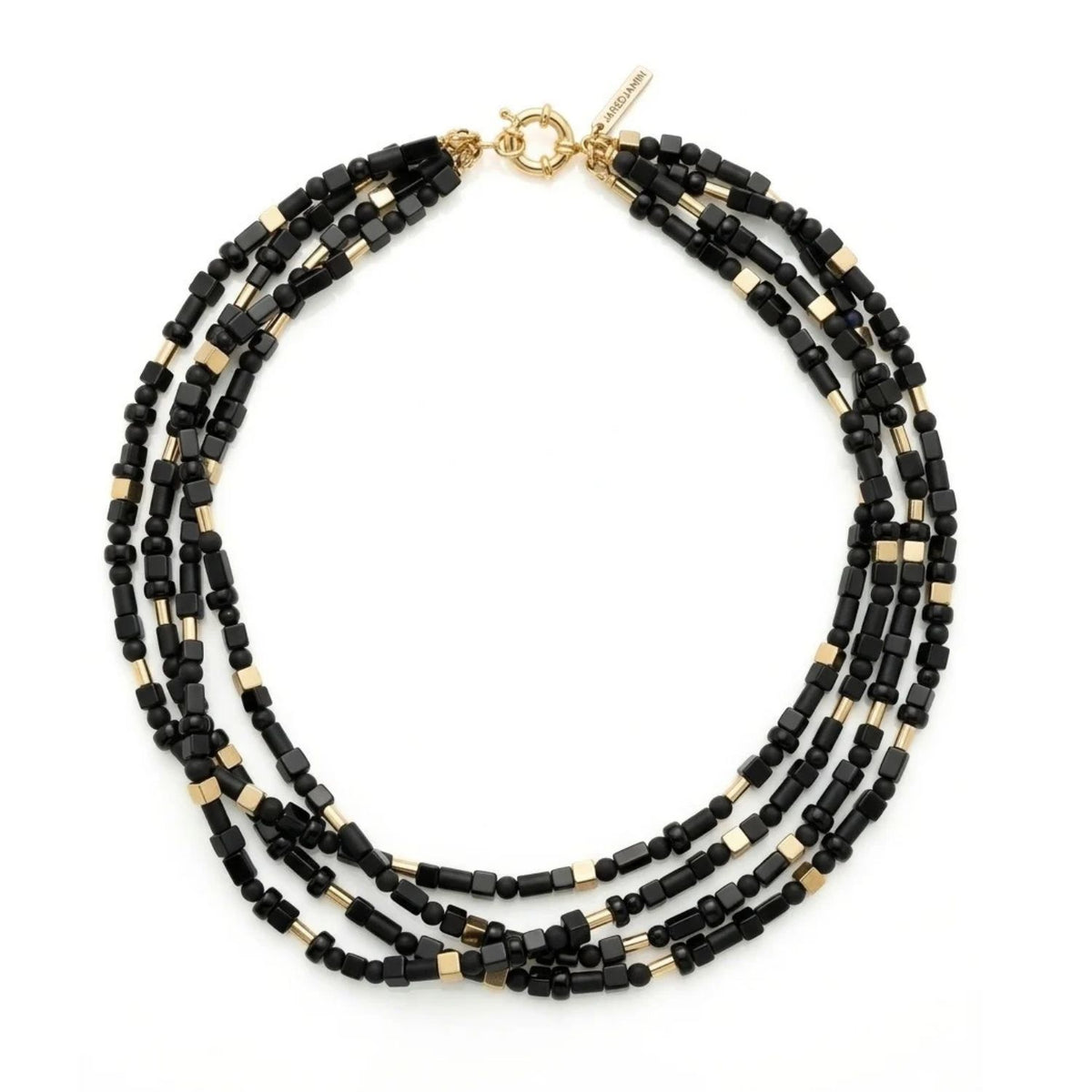 Full view of the Corrinne multi-strand black onyx beaded necklace on a white background, showing layered strands and the gold lobster clasp.
