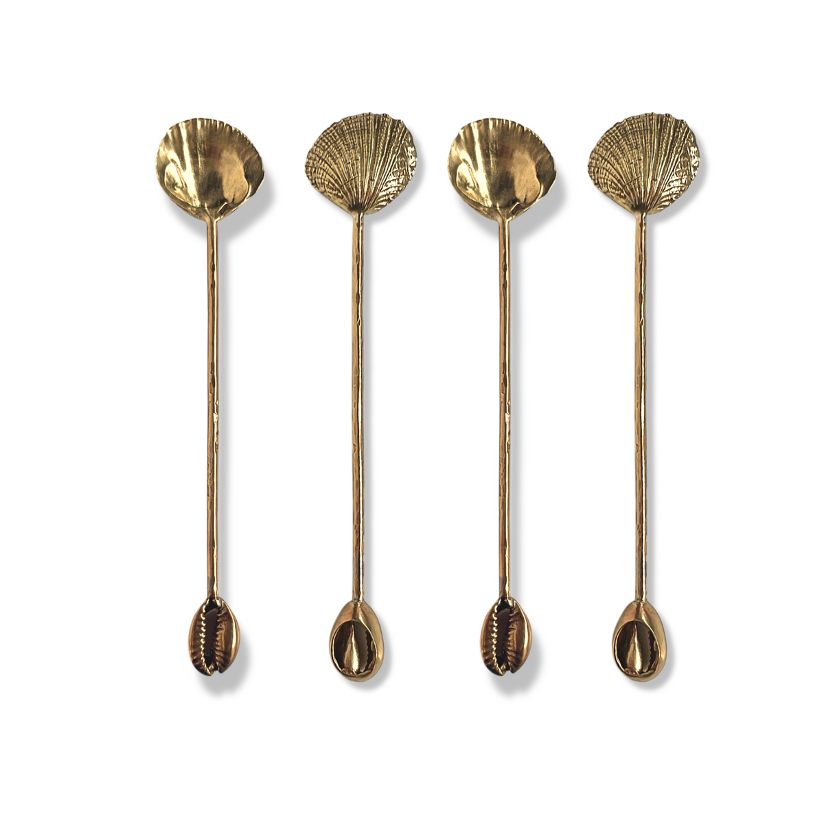 The Silver Cockle  Cowrie Condiment Spoons Set by JAREDJAMIN Barware and More features four silver-plated spoons with long handles, scallop shell tops, and cowrie shell bottoms, ideal for elegant dining. Shown upright on a white background.