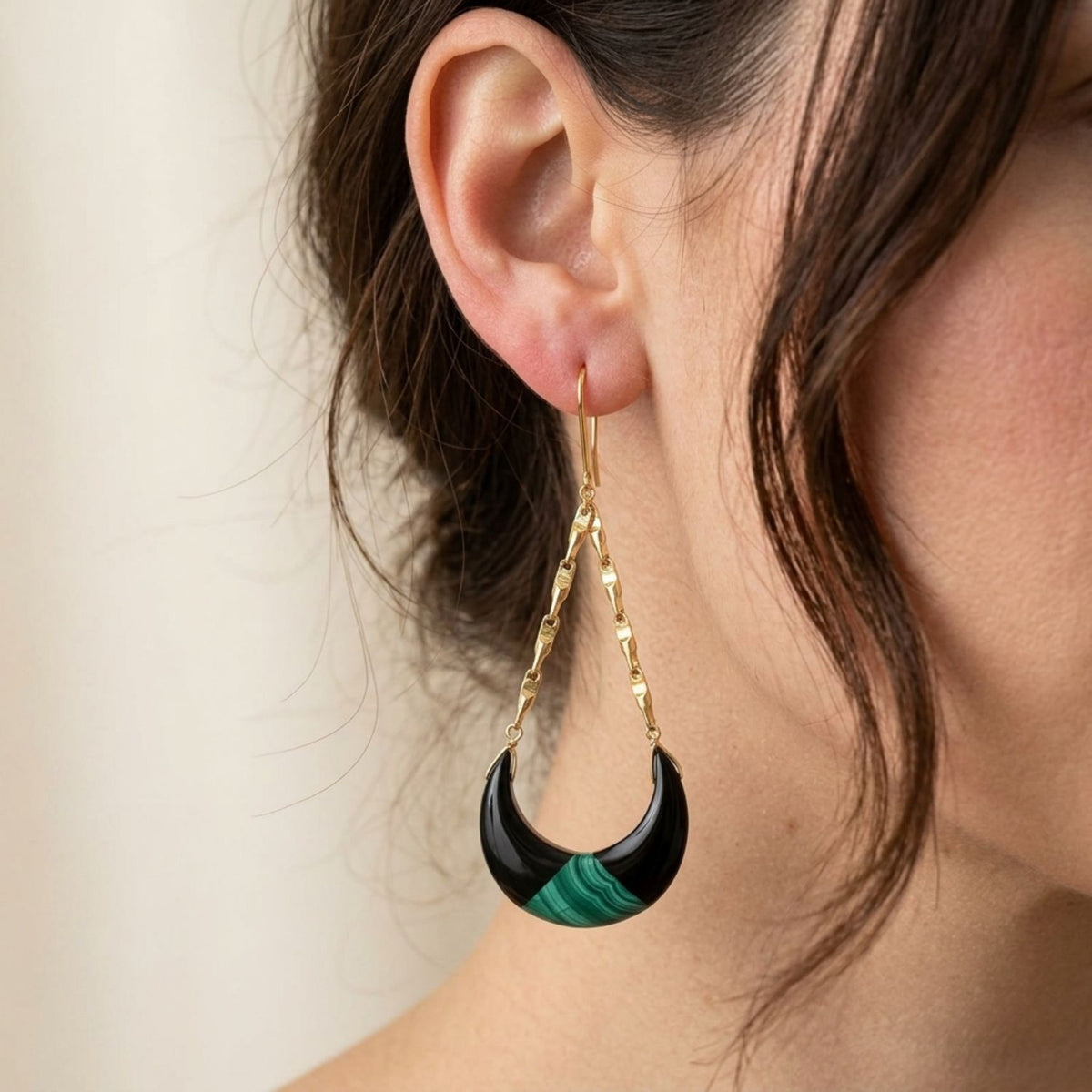 Cressida Gold Onyx & Inlaid Malachite Crescent Dangle Earrings
