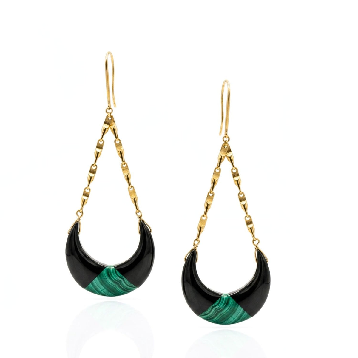 Cressida Gold Onyx & Inlaid Malachite Crescent Dangle Earrings