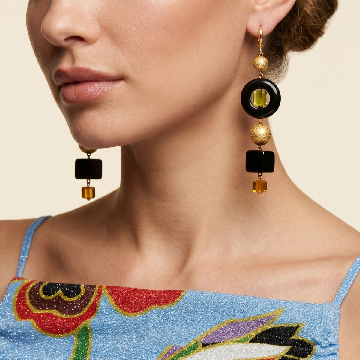 Cubism Black Onyx and Amber Leverback Earrings