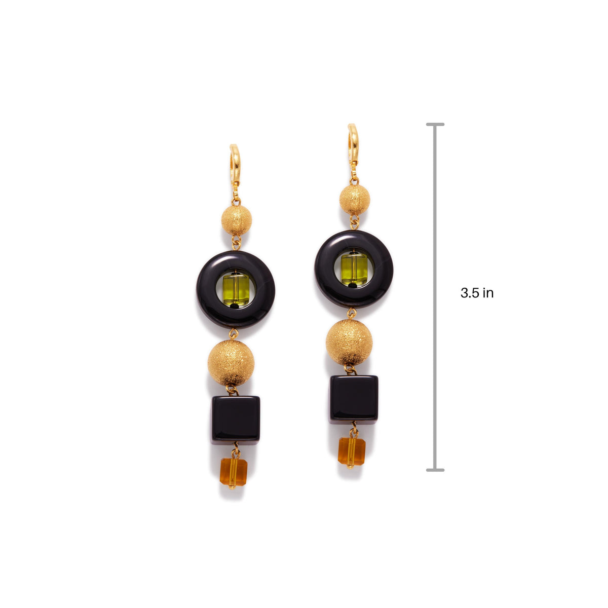 Los Cubism Leverback colgante pendientes de JAREDJAMIN Joyería Online are 3.5-inch dangle pendientes con geometric glass beads, black y olive green accents, amber details, y 18K bañado en oro leverbacks.