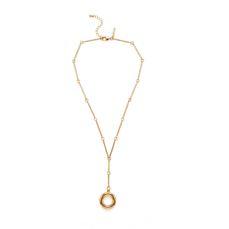 Hand-assembled in our West Hollywood studio, the Cybele captures refined edge with sculpted 18k gold-plated bar links and a lariat drop of interlocking rings. Crafted in small batches from eco-conscious materials. Style Note: punctuates denim to silk tailoring.