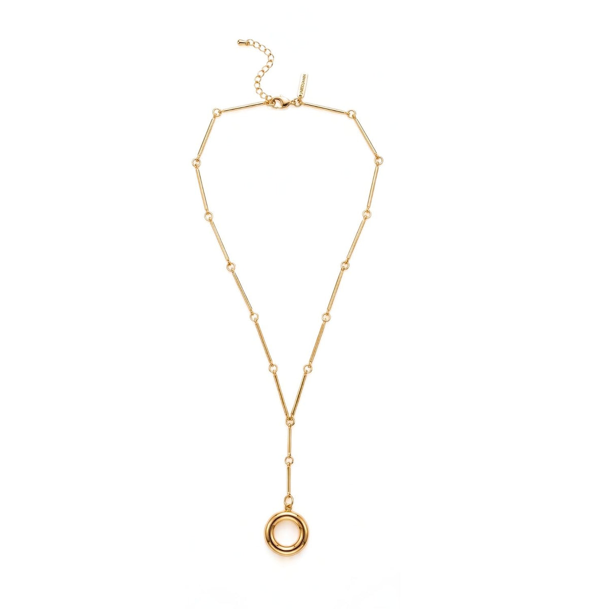 Hand-assembled in our West Hollywood studio, the Cybele captures refined edge with sculpted 18k gold-plated bar links and a lariat drop of interlocking rings. Crafted in small batches from eco-conscious materials. Style Note: punctuates denim to silk tailoring.