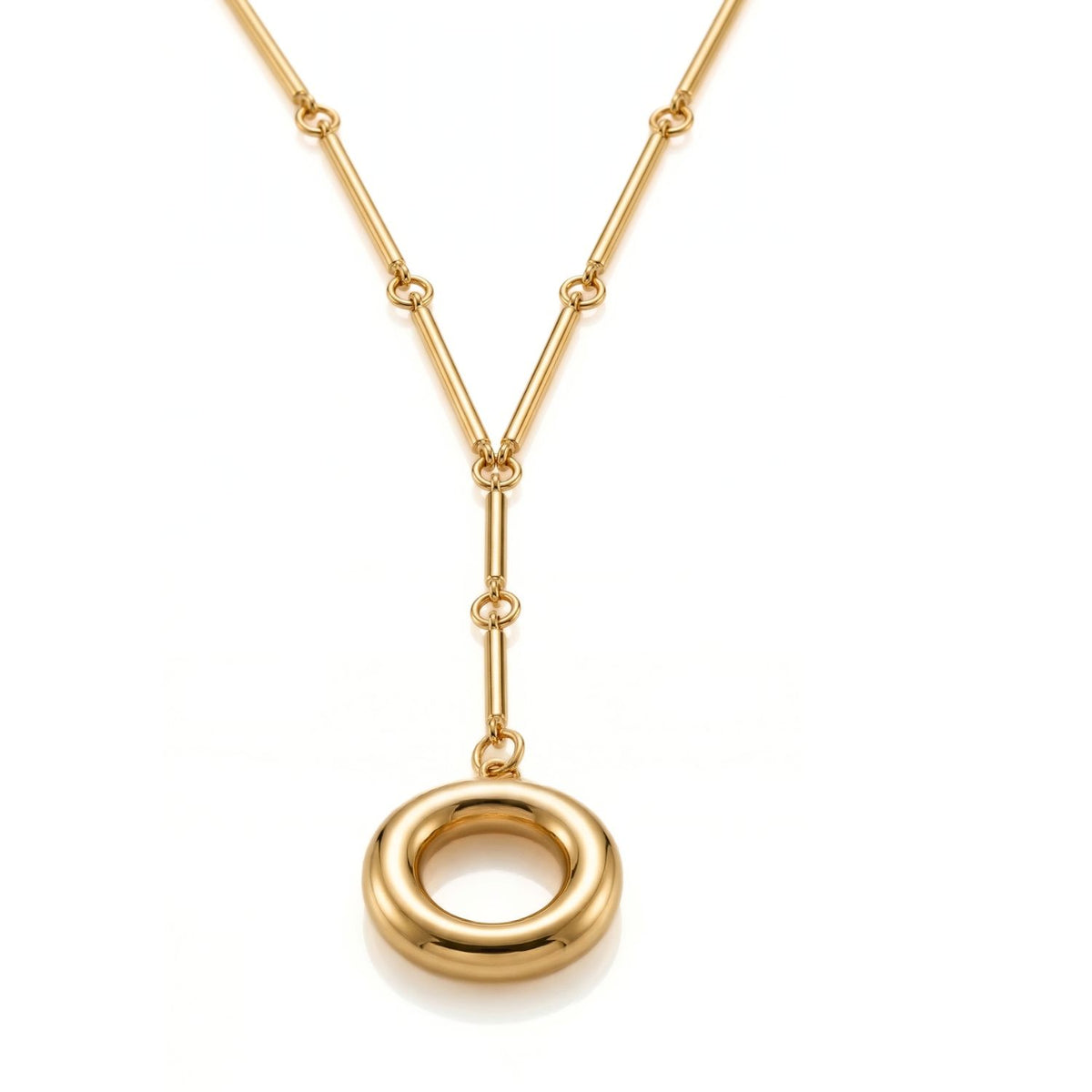 The Cybele Gold Bar Link Necklace is hand-assembled in our West Hollywood studio: geometric links refract light in rich 18k gold plate. Produced in small, eco-conscious batches. Style Note: punctuates crisp shirting or elevates minimalist black silk. Displayed on white.