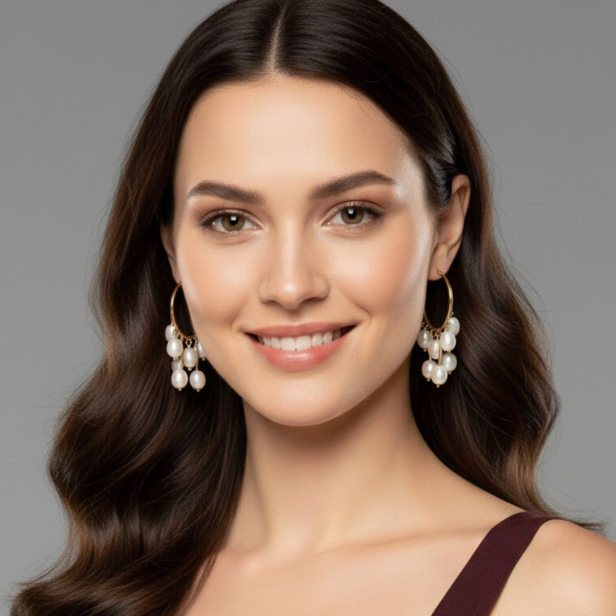 Un young woman avec long, wavy brown hair smiles gently at the camera, wearing JAREDJAMIN Bijoux en Ligne’s Daniela Dangle créole perle boucles d'oreilles et a sleeveless maroon top. Her makeup is soft et natural, set against a plain gray background.