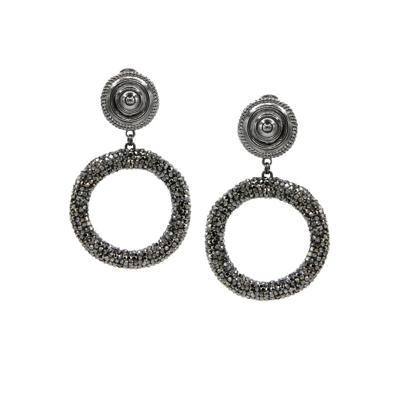 The Dolly Pavé Clip On Earrings by JAREDJAMIN Jewelry Online feature gunmetal-tone, textured circular studs with a rope pattern and large open hoops embellished with sparkling metallic beads for an elegant, intricate look.