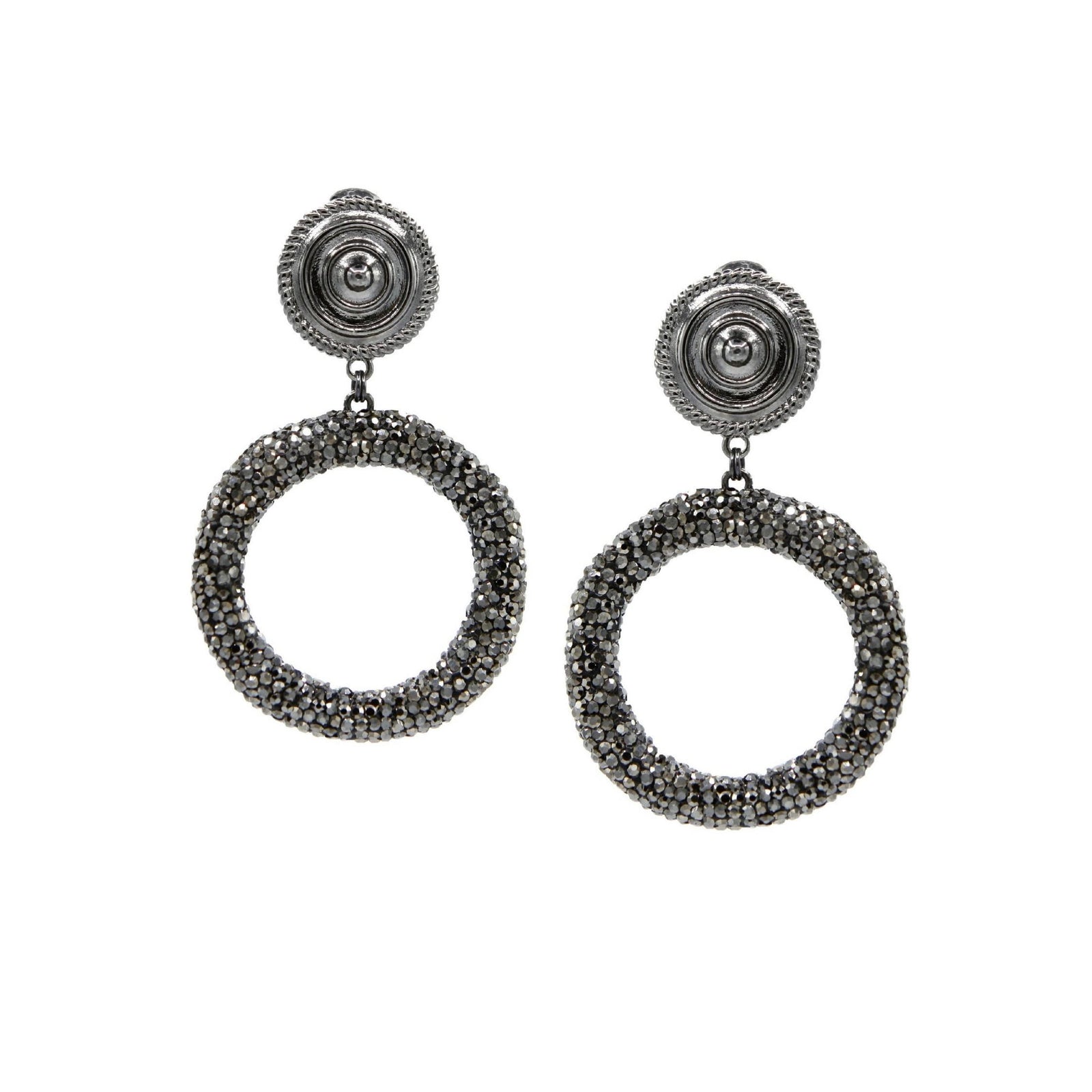 The Dolly Pavé Clip On Earrings by JAREDJAMIN Jewelry Online feature gunmetal-tone, textured circular studs with a rope pattern and large open hoops embellished with sparkling metallic beads for an elegant, intricate look.