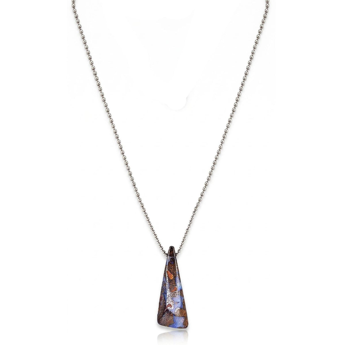 Hand-assembled in our West Hollywood studio, the Down Under Boulder Opal Necklace refracts light through a sculpted geometric pendant—sterling silver beads punctuate eco-conscious, small-batch craft. Style Note: layers fluidly from tailoring to silk slip dresses.