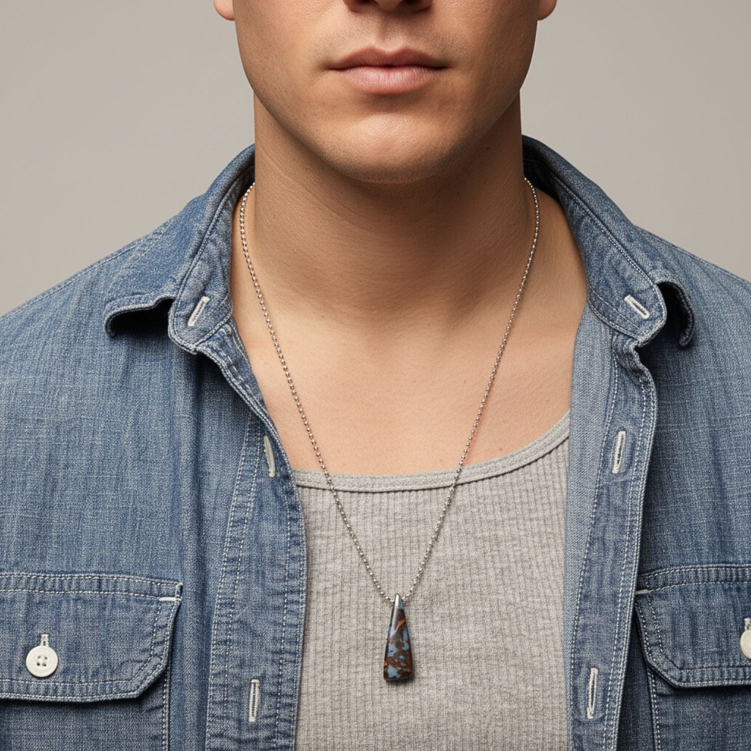 The Down Under Australian Boulder Opal Sterling Necklace by JAREDJAMIN Jewelry Online features a thin silver chain and a unique brown and blue opal pendant, set in sterling silver with a metal clasp, shown on a plain white background.