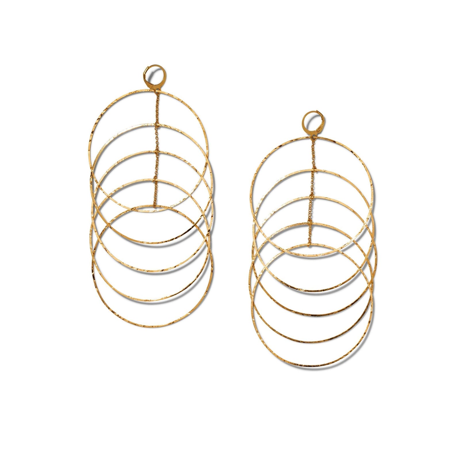 The Echo Dangle Loop Drop Earrings by JAREDJAMIN Jewelry Online feature five vertically linked, hammered gold-toned hoops with a vintage finish, connected by a central wire for an elegant drop design.