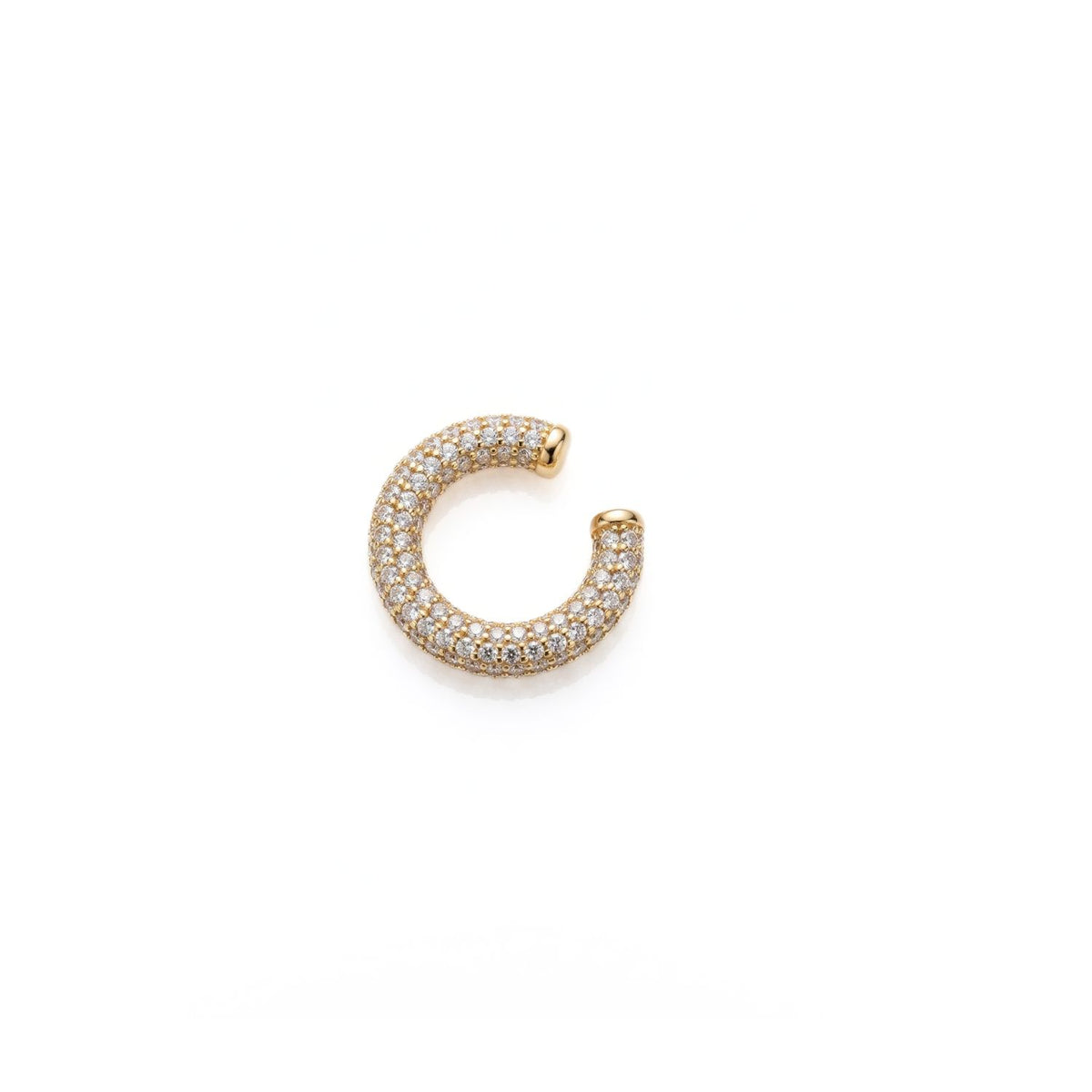 The Elara CZ Gold Plated Ear Cuff by JAREDJAMIN Jewelry Online features a chic "C" shape with small, closely set cubic zirconia on a gold finish, displayed against a plain white background.