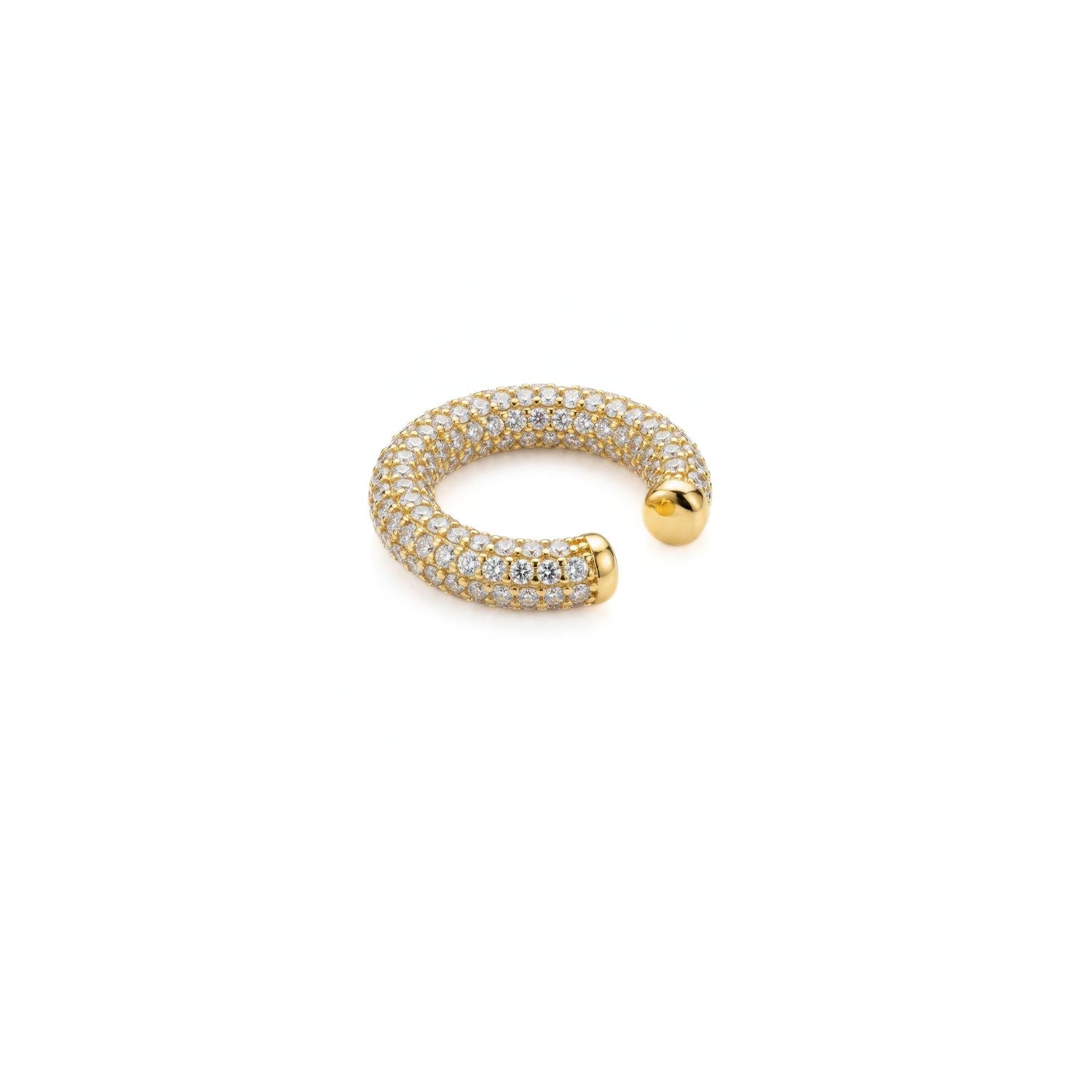 The Elara CZ Gold Plated Ear Cuff from JAREDJAMIN Jewelry Online features a thick, open-ended gold band with rows of sparkling cubic zirconia and one rounded gold tip, shown against a plain white background.