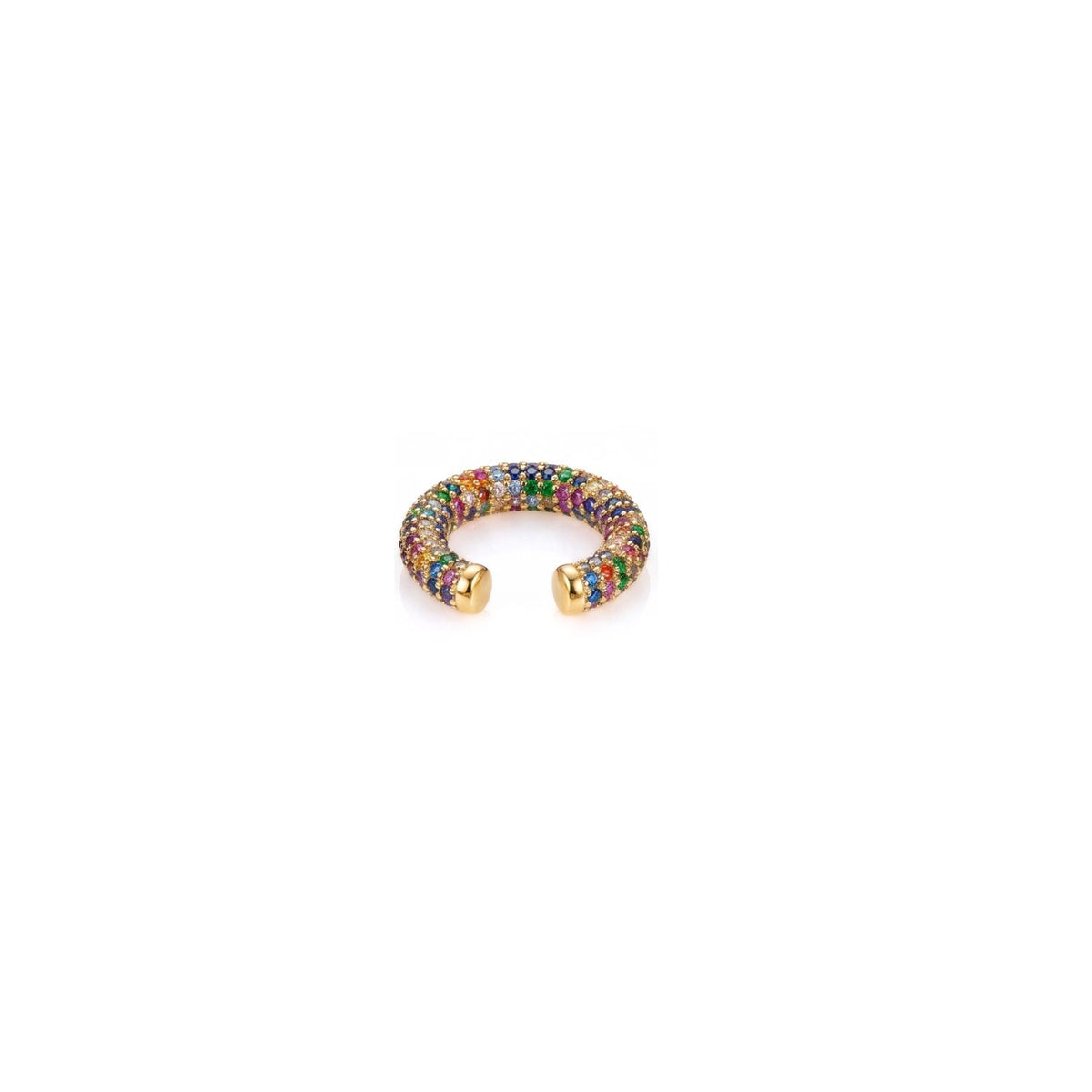 Hand-assembled in our West Hollywood studio, the Elara CZ ear cuff punctuates a gold open band with multi-hued micro-pavé zirconia—crafted in small batches using eco-conscious methods. Style Note: refracts color from denim edits to black-tie moments.