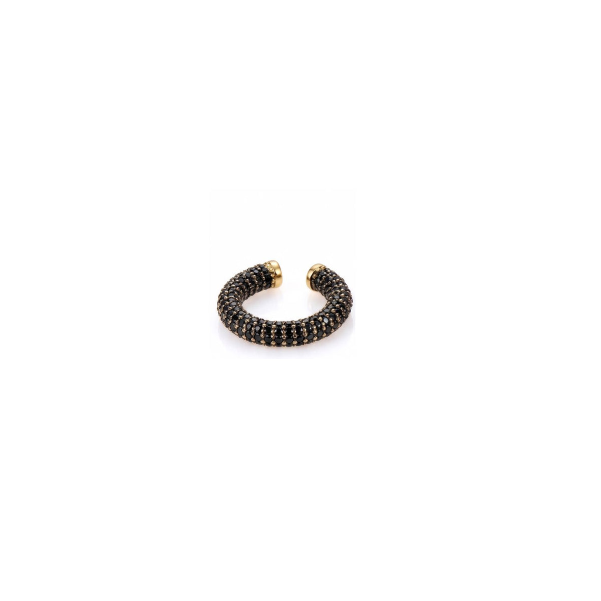 The Elara CZ Gold Plated Ear Cuff is hand-assembled in our West Hollywood studio—sculpting gold over an onyx black textured band, punctuated by micro-pavé cubic zirconia. Crafted in small, eco-conscious batches. Style Note: pairs from sharp tailoring to silk slip dresses.
