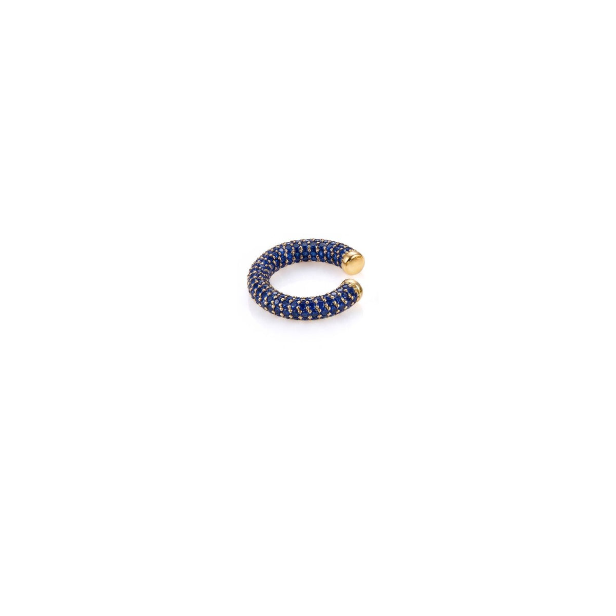 Elara ear cuff, hand-assembled in our West Hollywood studio, sculpted from gold-plated metal and punctuated with rows of sapphire blue CZ. Small-batch, eco-conscious edit. Style Note: punctuates crisp shirts or slips seamlessly into after-dark layers.