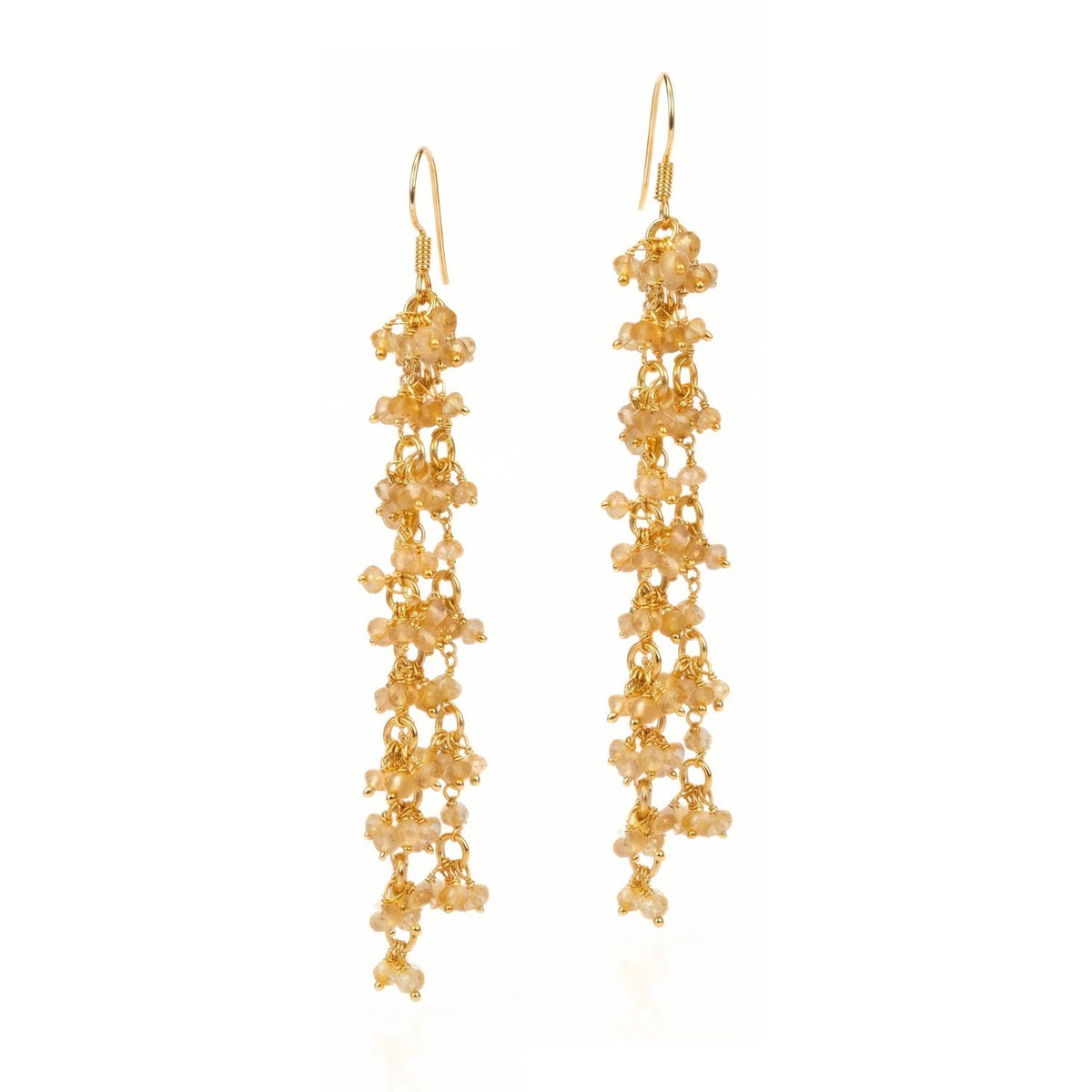 High-resolution studio product shot of the JAREDJAMIN Eloise Vine Earrings against a white background, highlighting the 18k gold-plated sterling silver hardware and the dense, cascading cluster of micro-faceted honey-gold citrine beads.