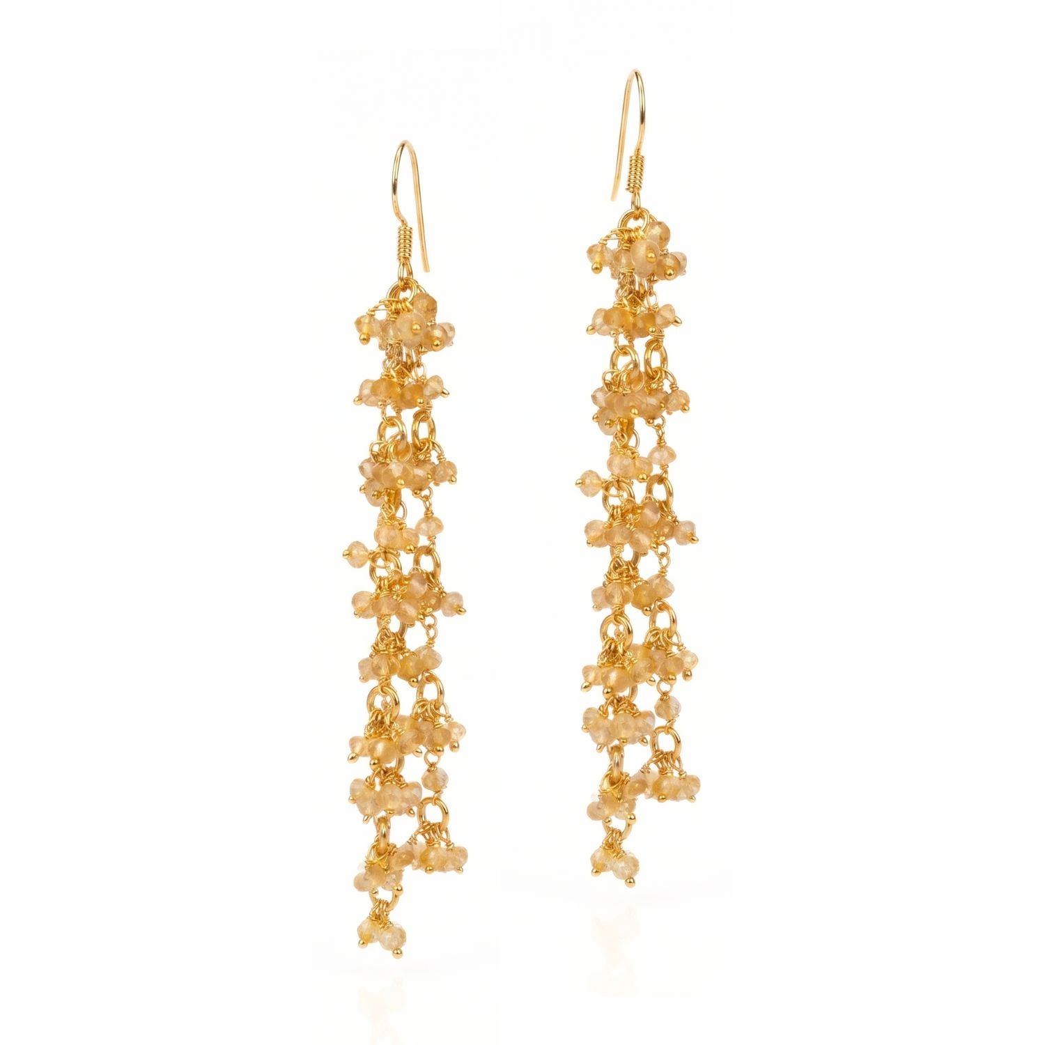 High-resolution studio product shot of the JAREDJAMIN Eloise Vine Earrings against a white background, highlighting the 18k gold-plated sterling silver hardware and the dense, cascading cluster of micro-faceted honey-gold citrine beads.