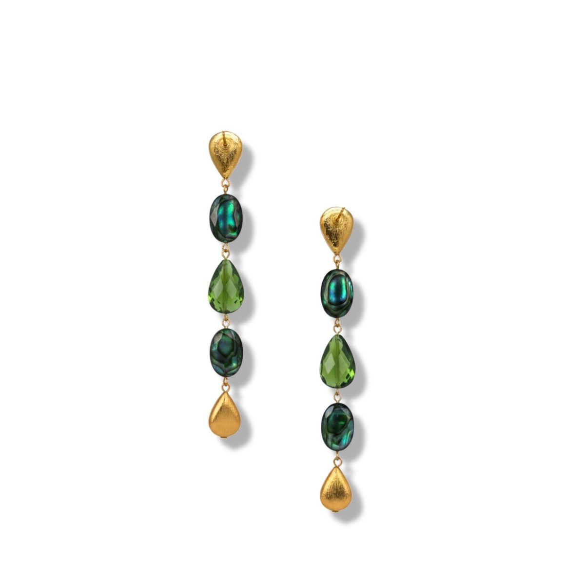 The Emerald City Earrings by JAREDJAMIN Jewelry Online feature gold-plated links with alternating oval abalone shells and green quartz gems. Each statement earring is finished with textured gold teardrops for an elegant touch.