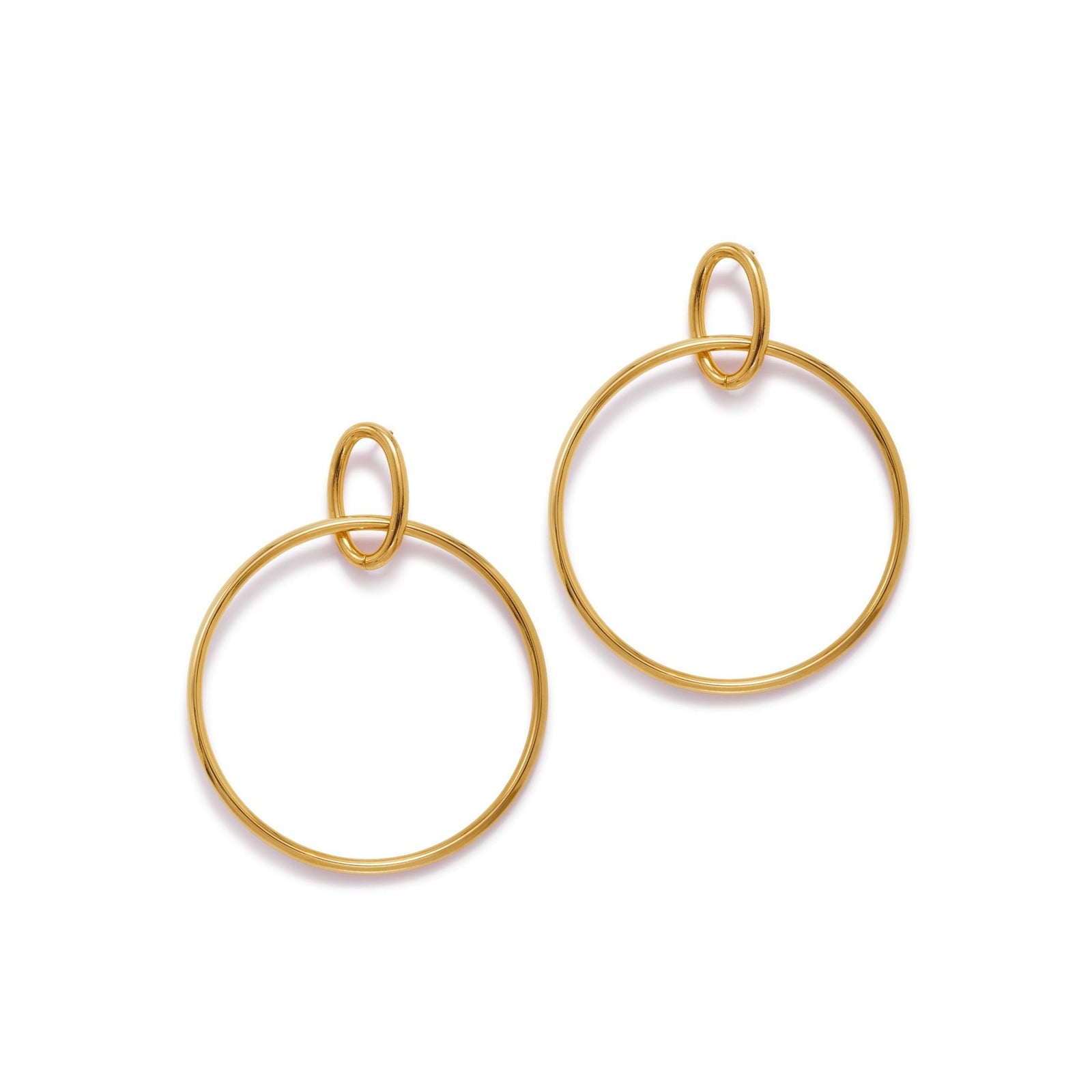 The Everly Dangle Hoop Post Earrings by JAREDJAMIN Jewelry Online feature minimalist 18K gold plated hoops with a small oval loop on a large circle, offering a sleek, modern look against a white background.