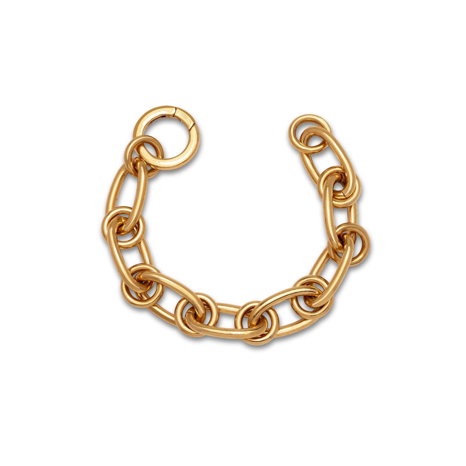The Gold Everly Ring Link Chain Bracelet by JAREDJAMIN Jewelry Online features large, oval interlocking links and a detachable clicker clasp, displayed in a loose curve on a white background.