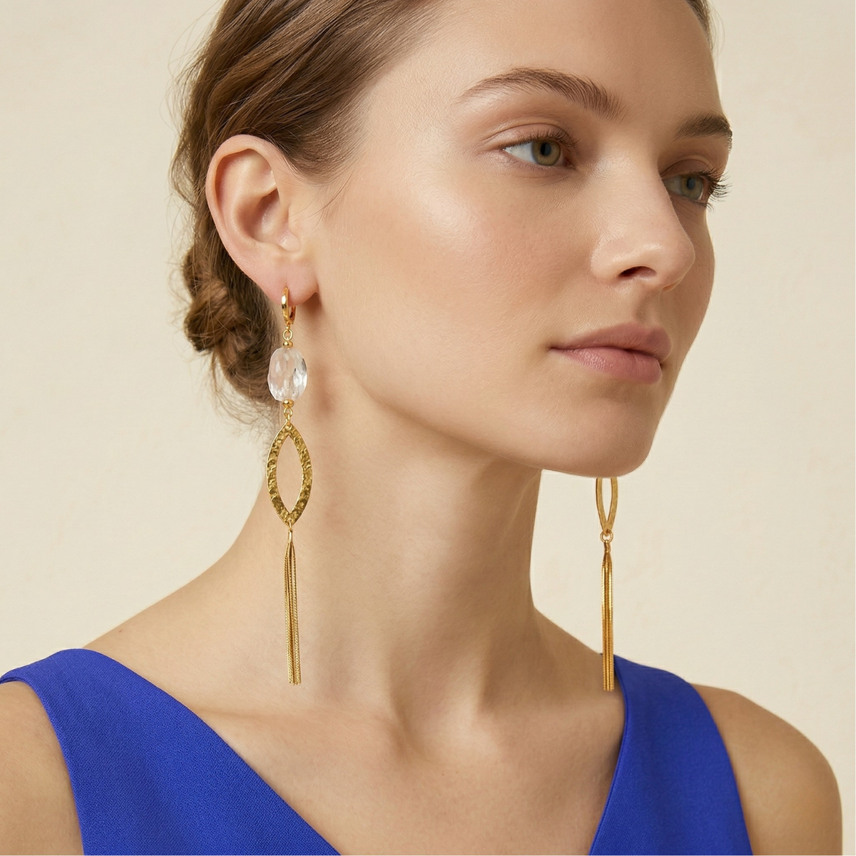 JAREDJAMIN Jewelry Online Eyelet Citrine Dangle Earrings in a luminous yellow hue and brushed finish, crafted from sustainable materials in small-batch West Hollywood studios. JAREDJAMIN Essential: artisanal, sustainable, signature textured design.